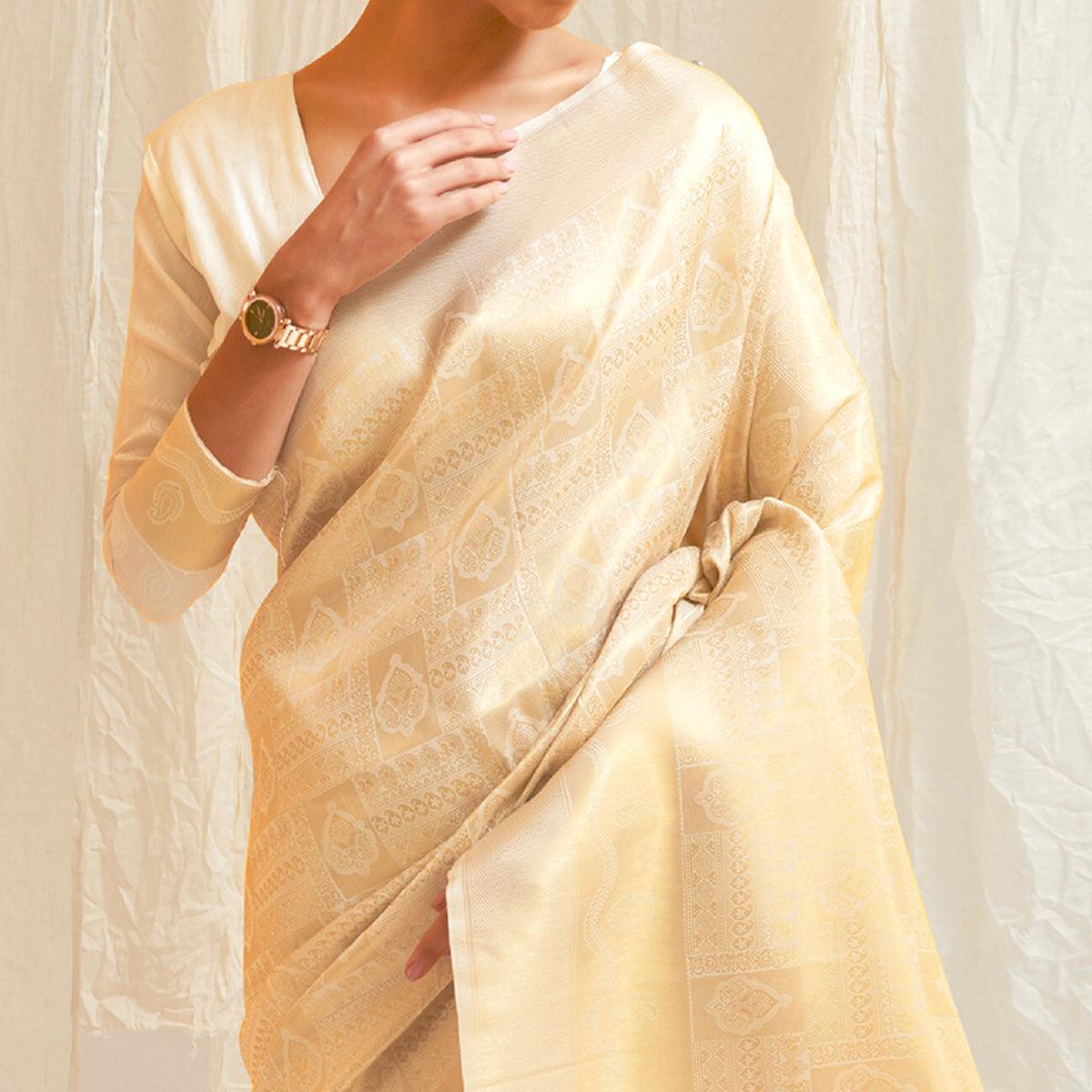 Cream Festive Wear Designer Woven Silk Saree - Peachmode
