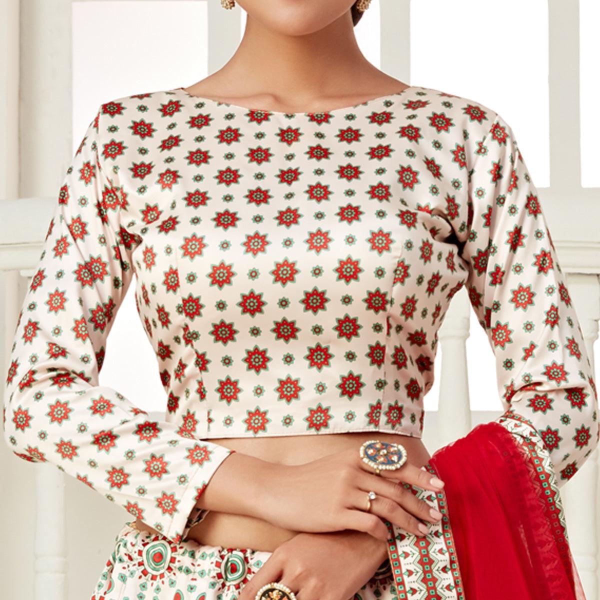 Cream Festive Wear Digital Printed Ajmeri Silk Lehenga Choli - Peachmode
