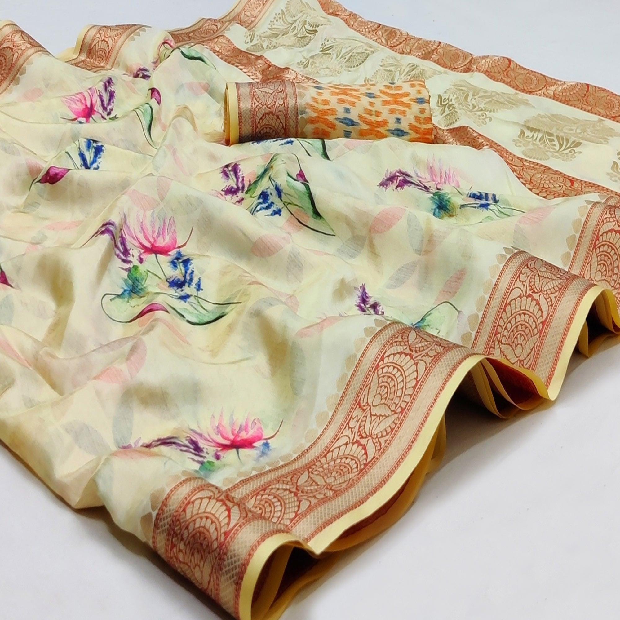 Cream Festive Wear Digital Printed Soft Silk Saree With Jacquard Border - Peachmode