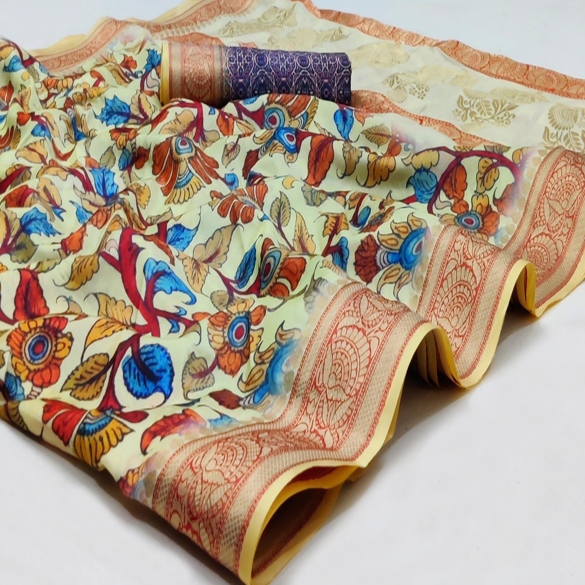 Cream Festive Wear Digital Printed Soft Silk Saree With Jacquard Border - Peachmode