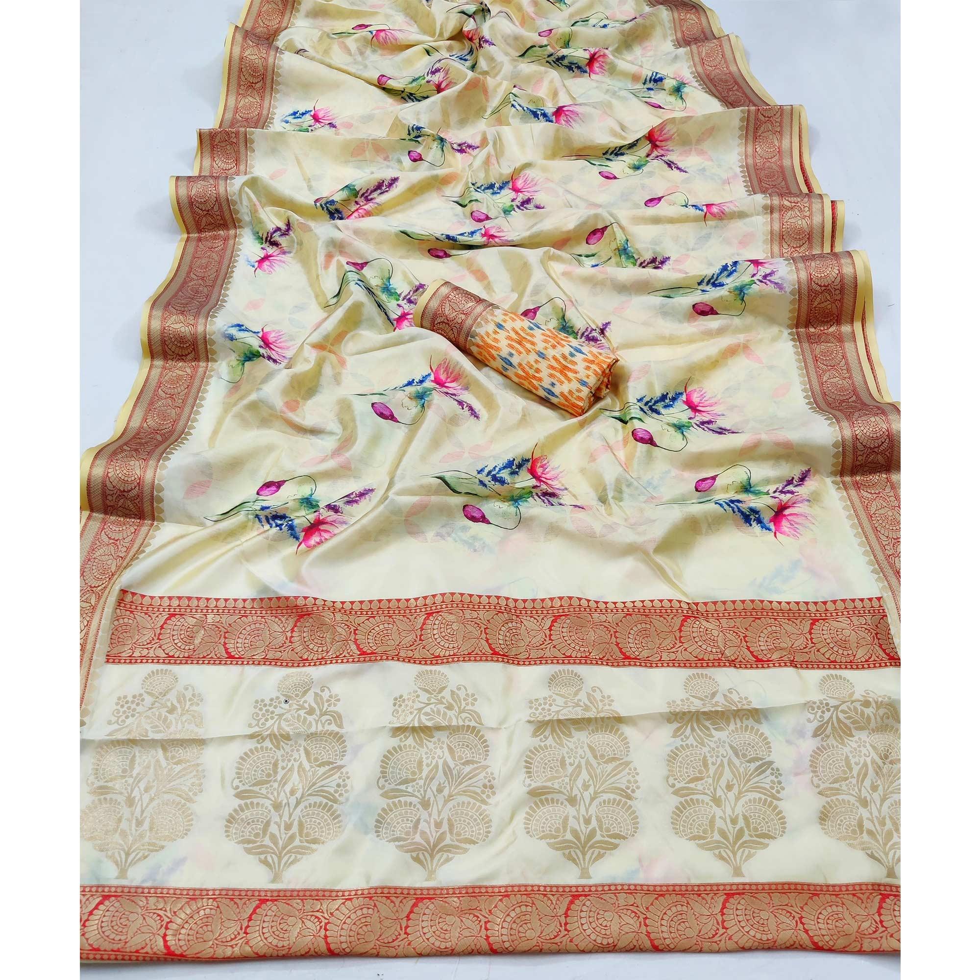 Cream Festive Wear Digital Printed Soft Silk Saree With Jacquard Border - Peachmode