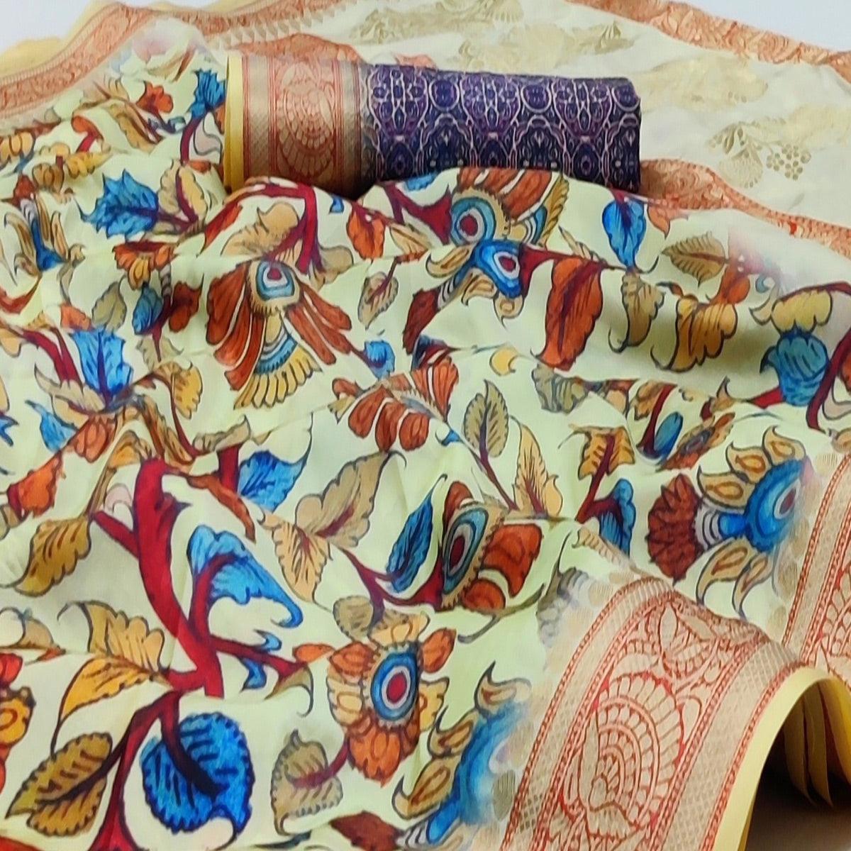 Cream Festive Wear Digital Printed Soft Silk Saree With Jacquard Border - Peachmode
