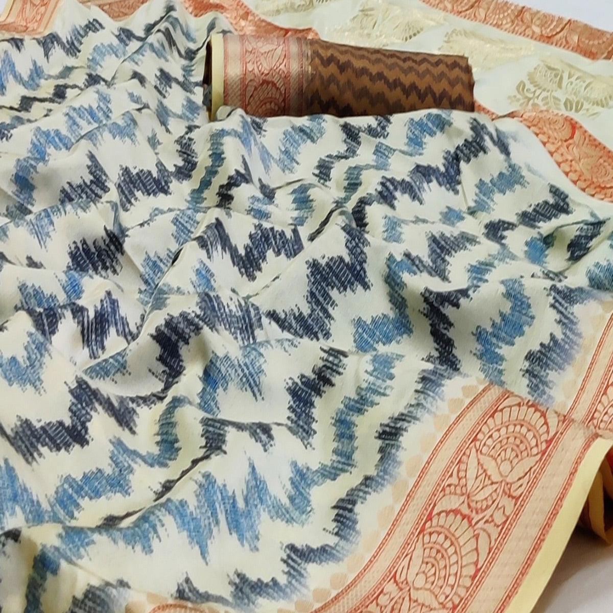Cream Festive Wear Digital Printed Soft Silk Saree With Jacquard Border - Peachmode
