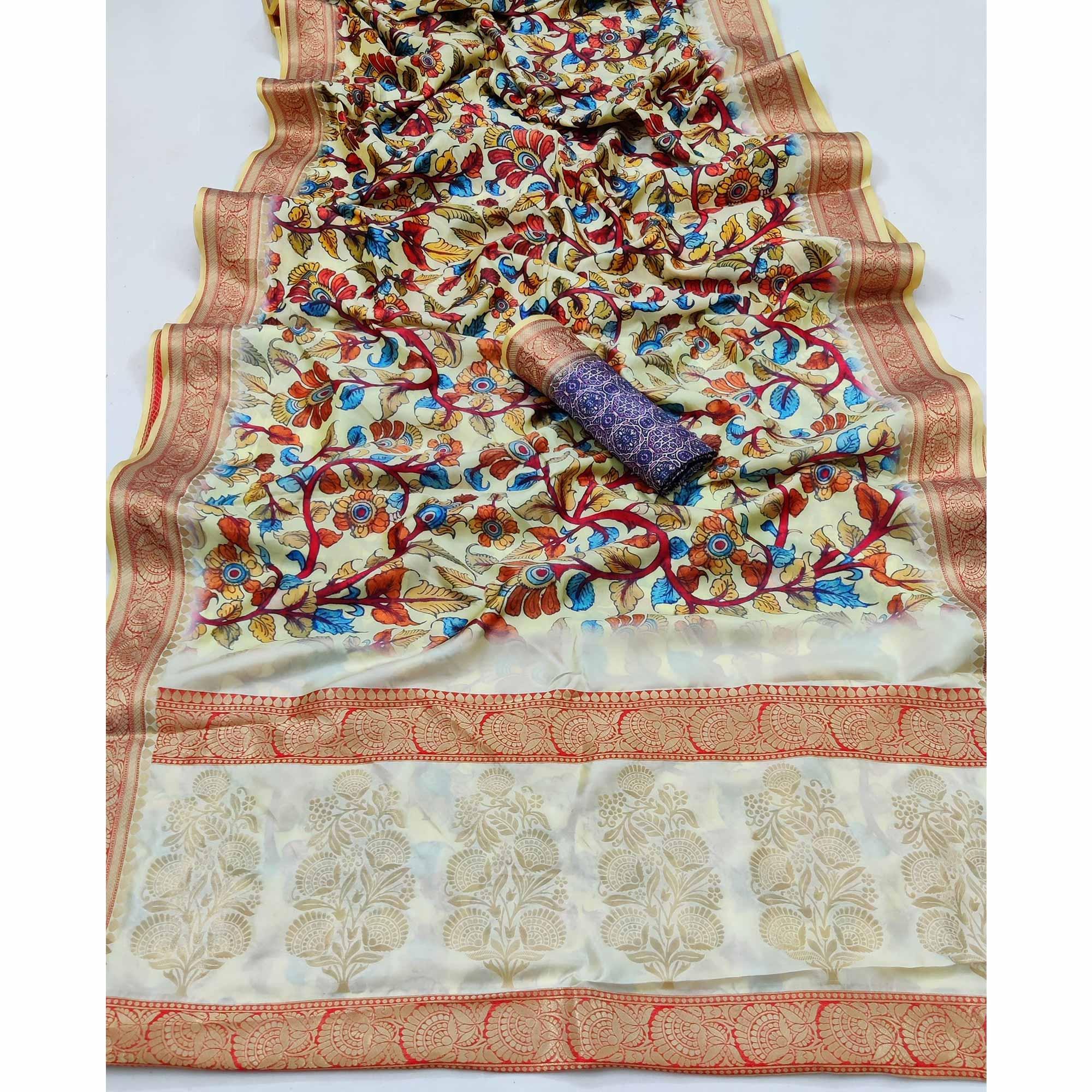 Cream Festive Wear Digital Printed Soft Silk Saree With Jacquard Border - Peachmode