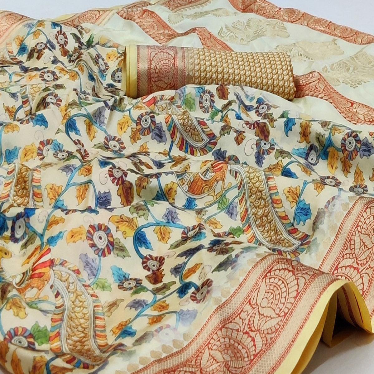 Cream Festive Wear Digital Printed Soft Silk Saree With Jacquard Border - Peachmode