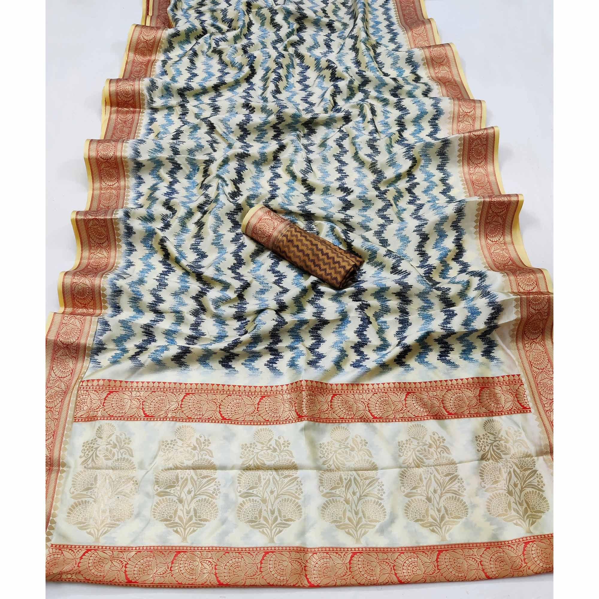 Cream Festive Wear Digital Printed Soft Silk Saree With Jacquard Border - Peachmode