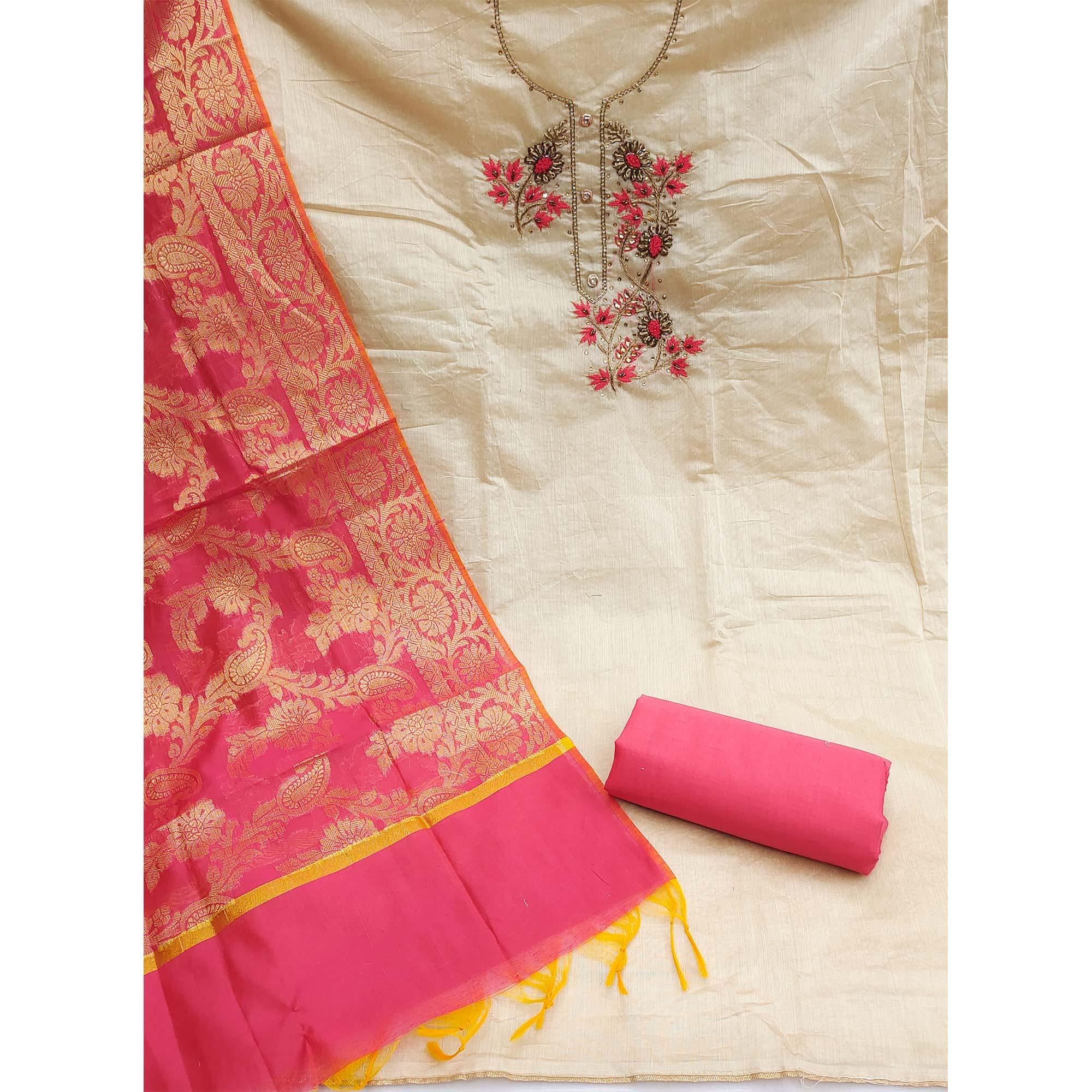 Cream Festive Wear Embellished Chanderi Dress Material - Peachmode