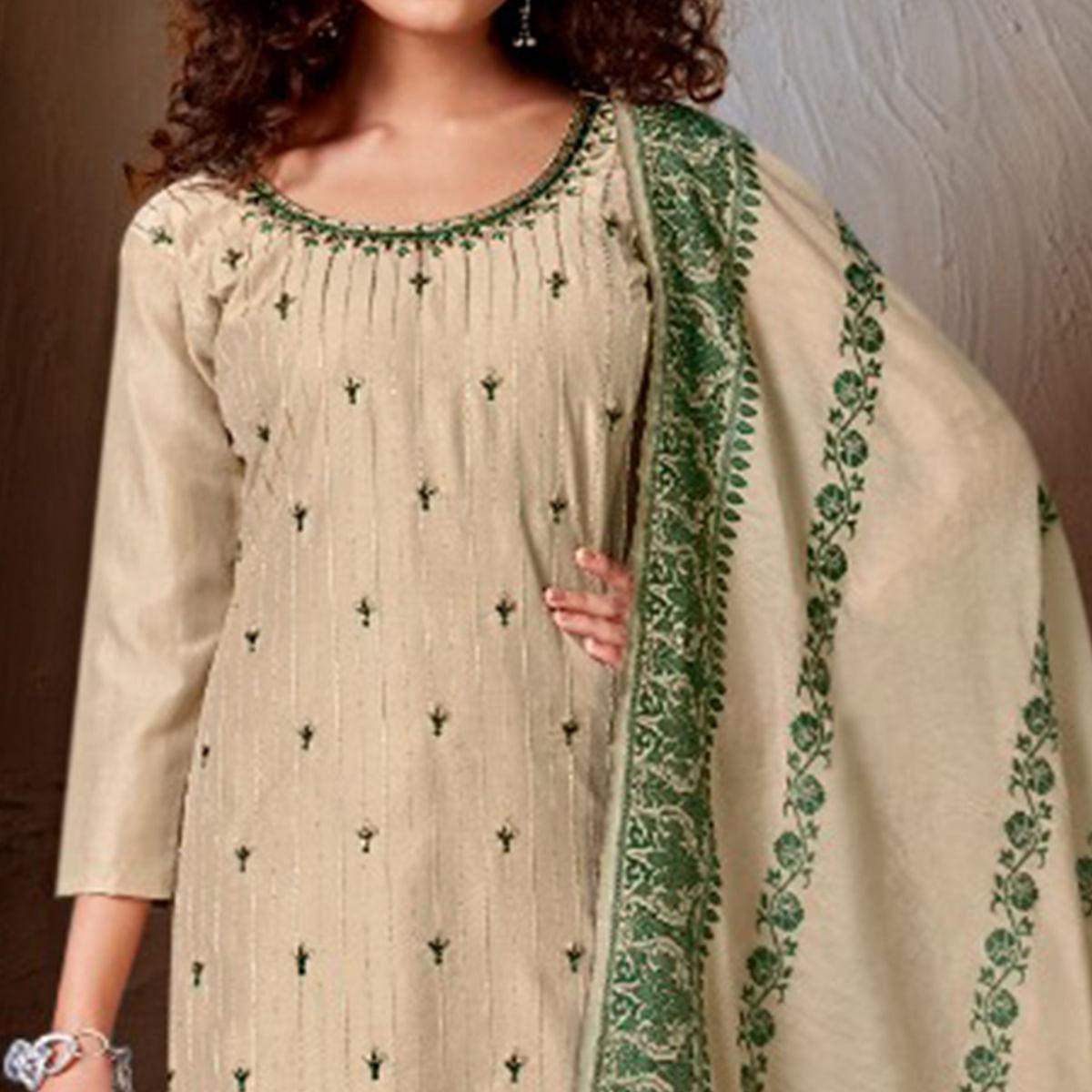 Cream Festive Wear Embroidered Chanderi Suit - Peachmode