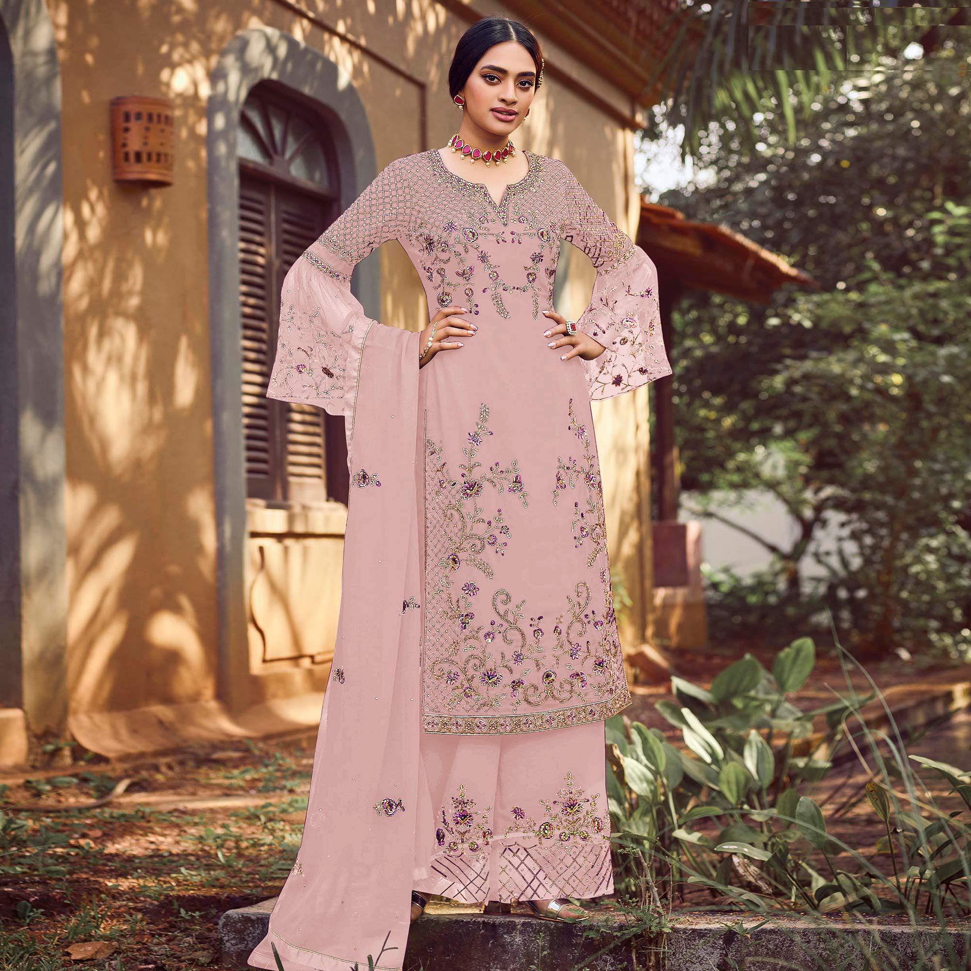 Cream Festive Wear Embroidered Faux Georgette Straight Style Palazzo Suit - Peachmode