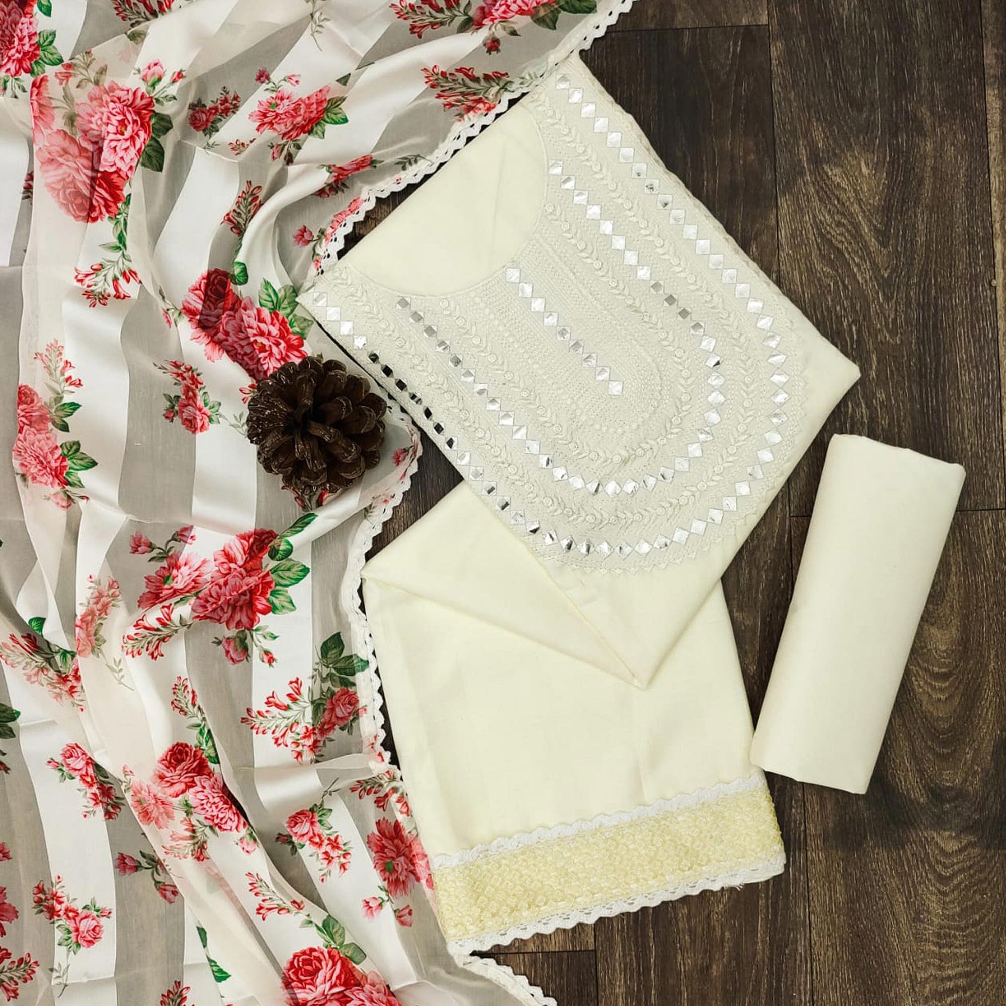 Cream Festive Wear Emebllished With Embroidered Cotton Dress Material - Peachmode