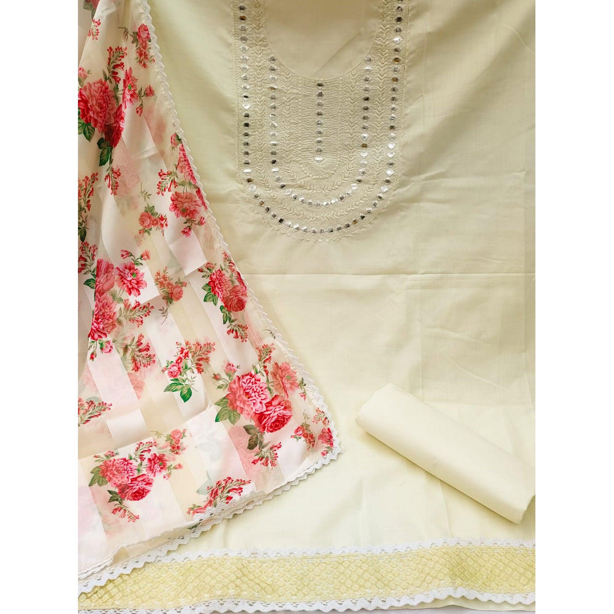 Cream Festive Wear Emebllished With Embroidered Cotton Dress Material - Peachmode