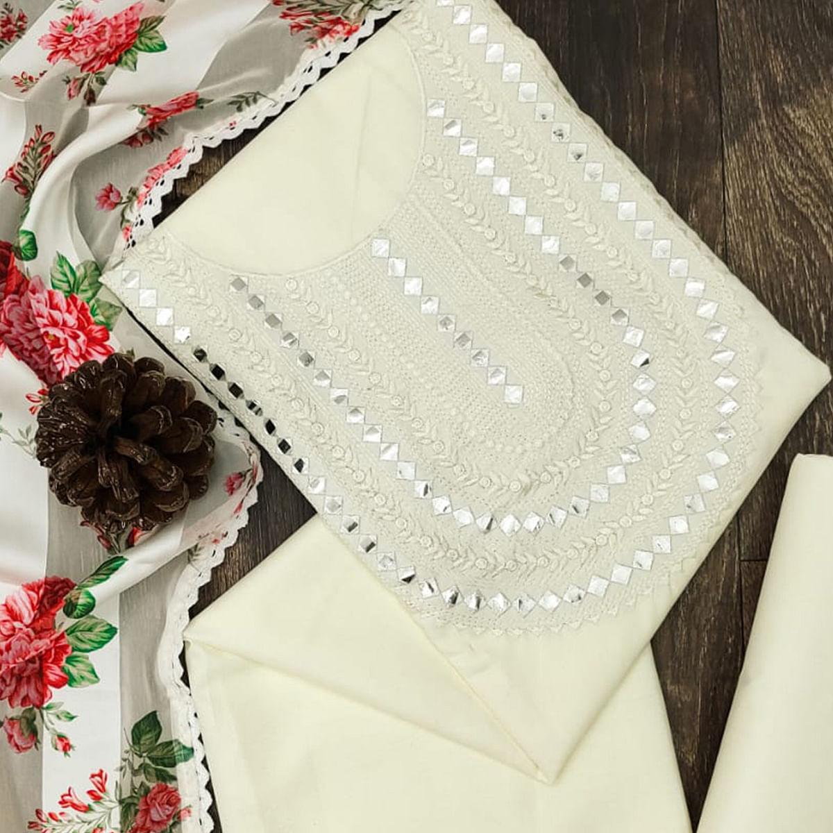 Cream Festive Wear Emebllished With Embroidered Cotton Dress Material - Peachmode