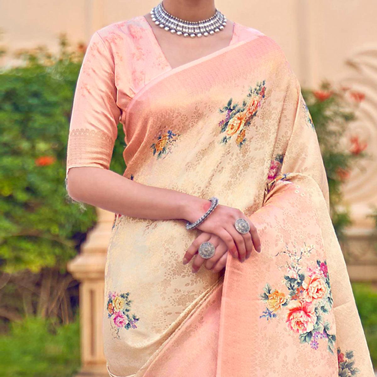 Cream Festive Wear Floral Digital Printed Jacquard Saree - Peachmode