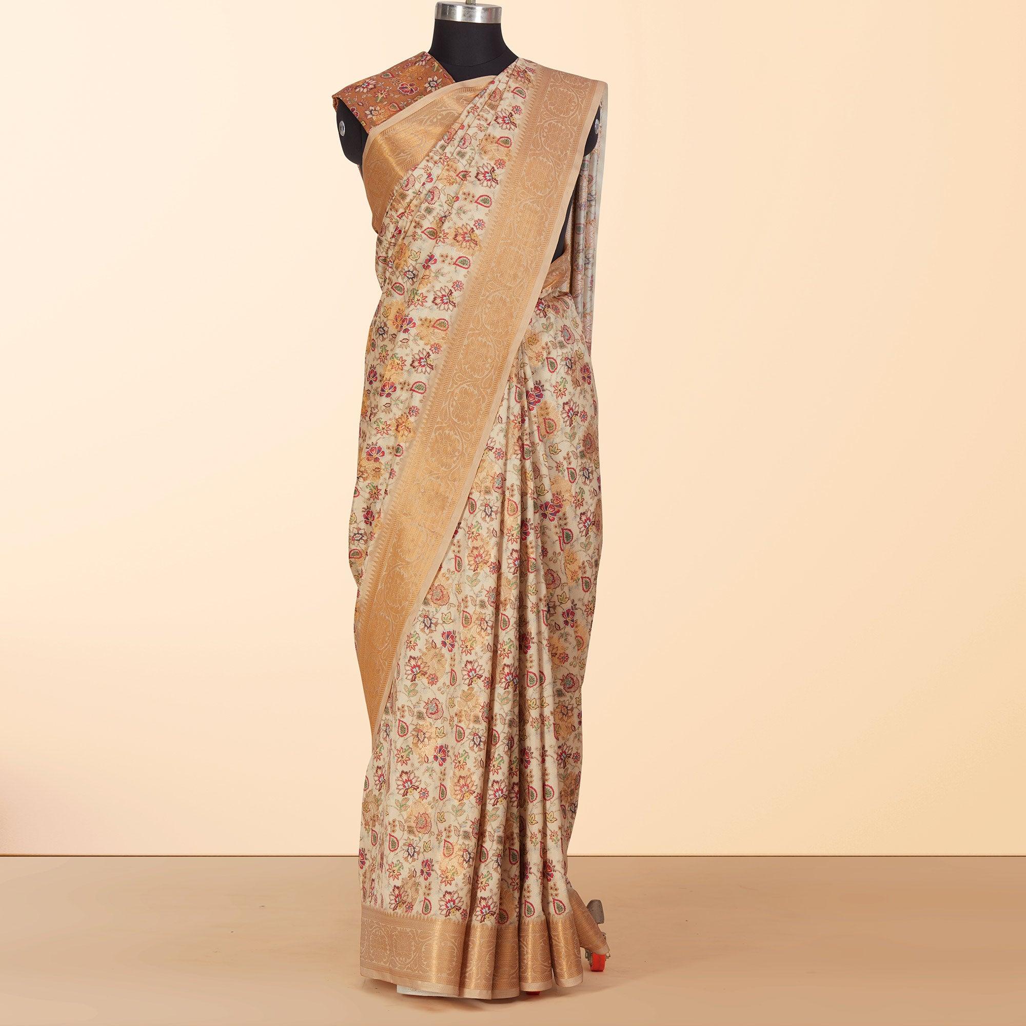 Cream Festive Wear Floral Digital Printed Woven Silk Saree - Peachmode