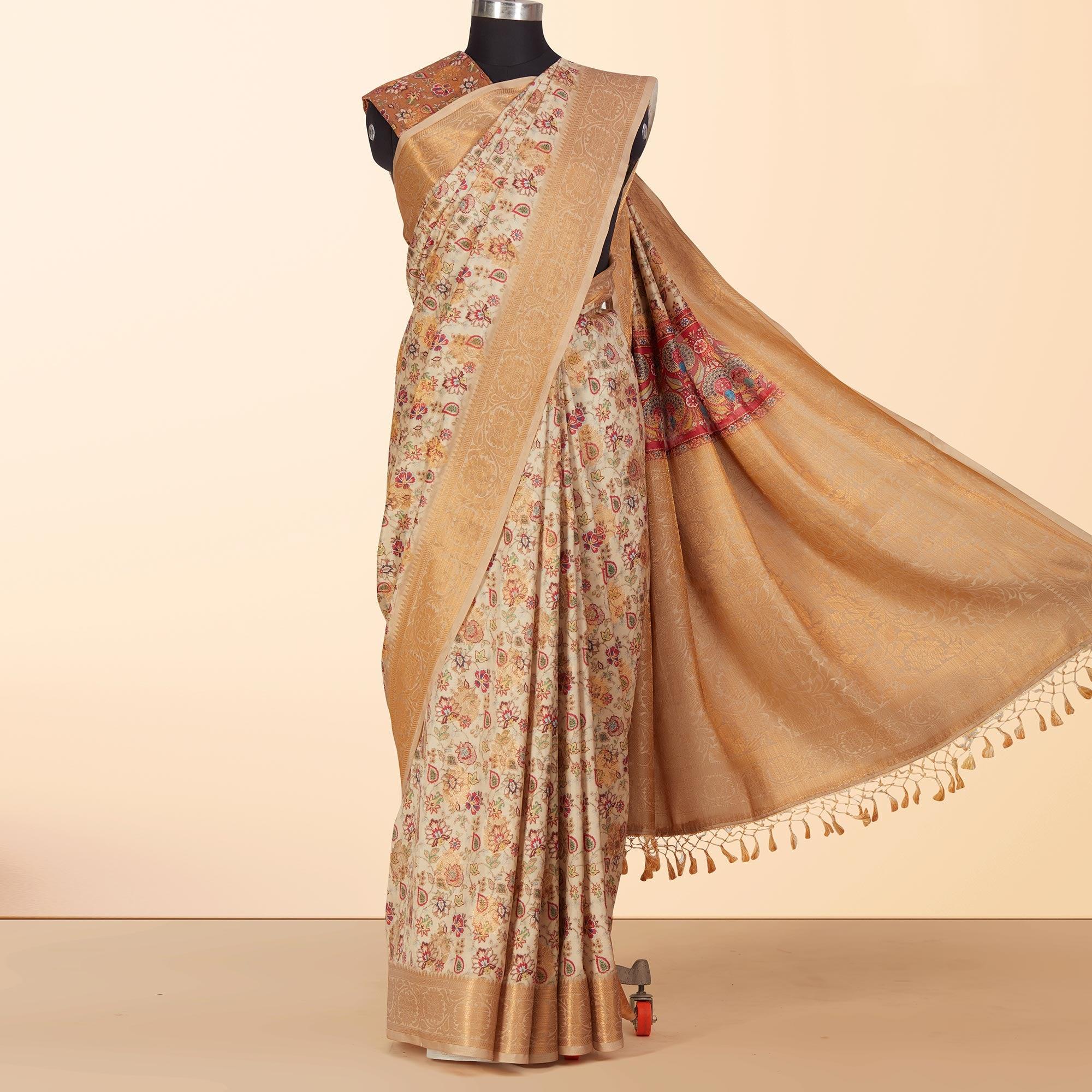 Cream Festive Wear Floral Digital Printed Woven Silk Saree - Peachmode