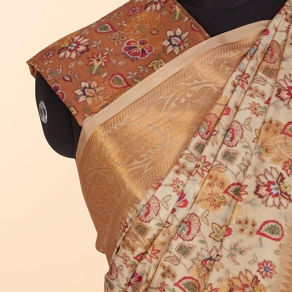 Cream Festive Wear Floral Digital Printed Woven Silk Saree - Peachmode