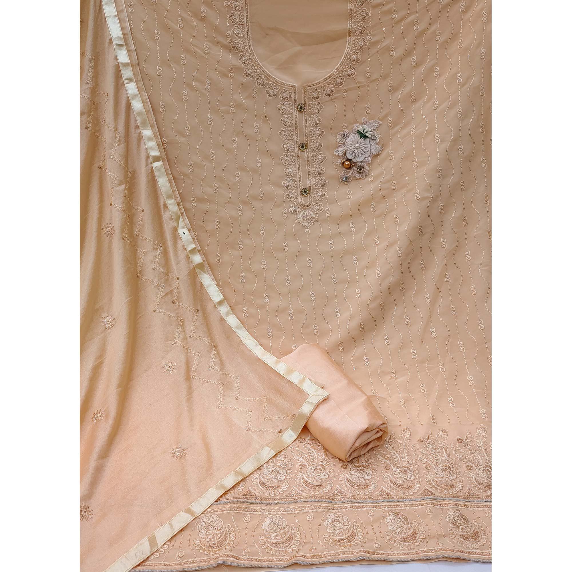 Cream Festive Wear Floral Embroidered Georgette Dress Material - Peachmode