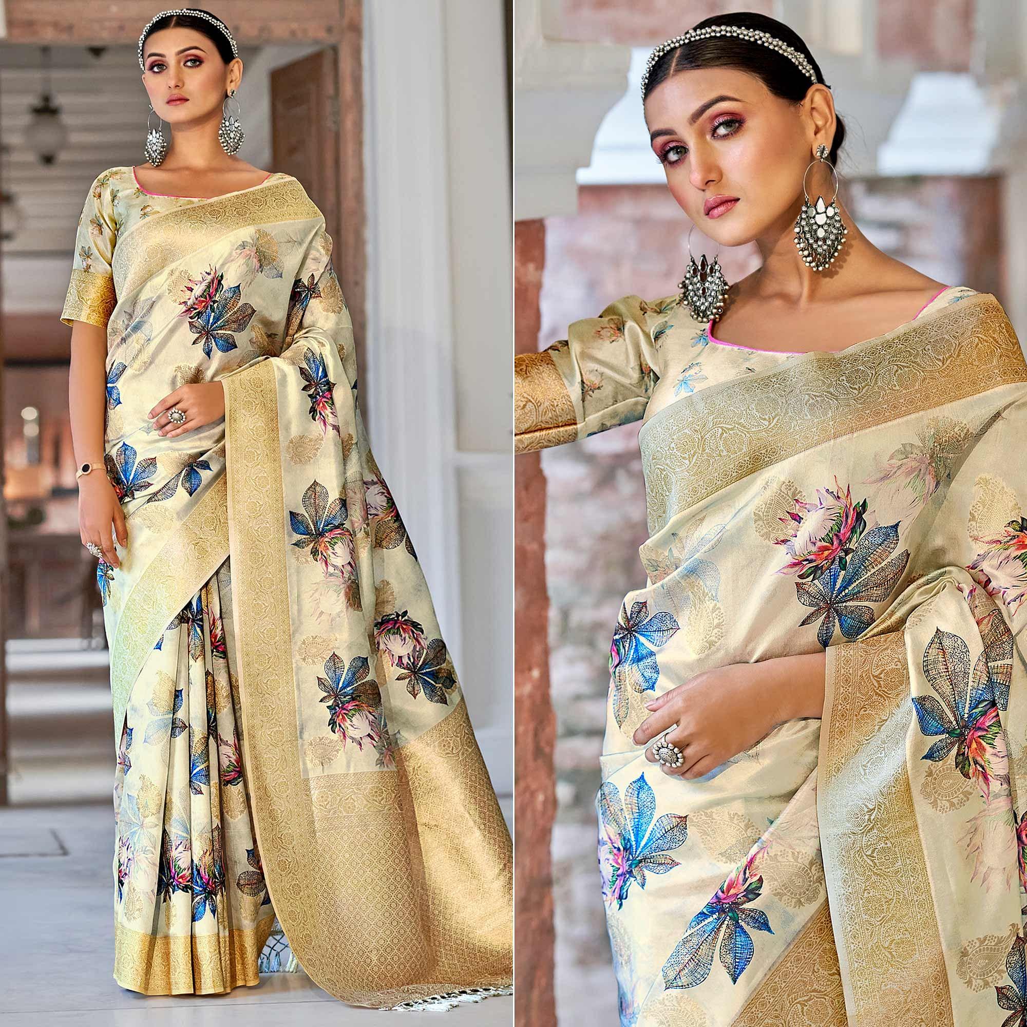 Cream Festive Wear Floral Printed With Woven With Woven Jacquard Saree - Peachmode