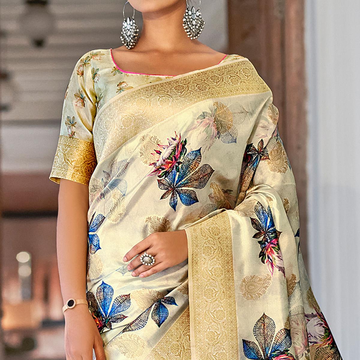 Cream Festive Wear Floral Printed With Woven With Woven Jacquard Saree - Peachmode