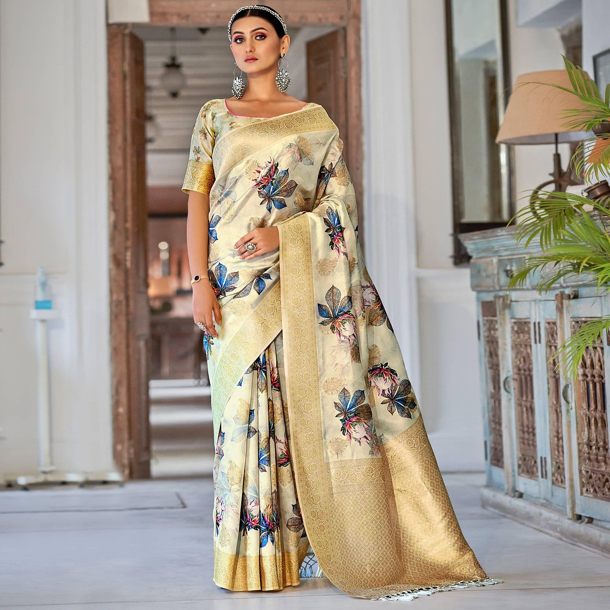 Cream Festive Wear Floral Printed With Woven With Woven Jacquard Saree - Peachmode