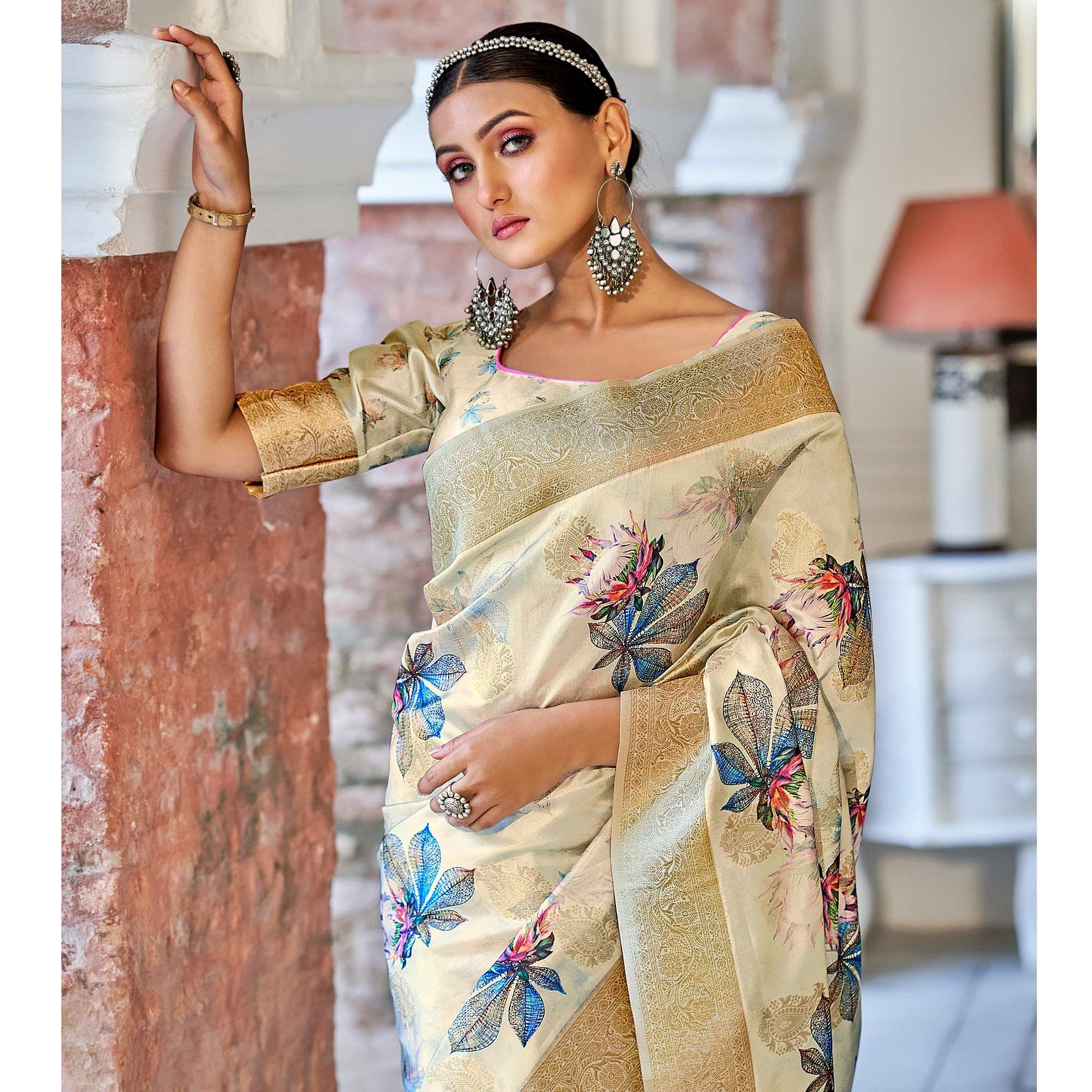 Cream Festive Wear Floral Printed With Woven With Woven Jacquard Saree - Peachmode