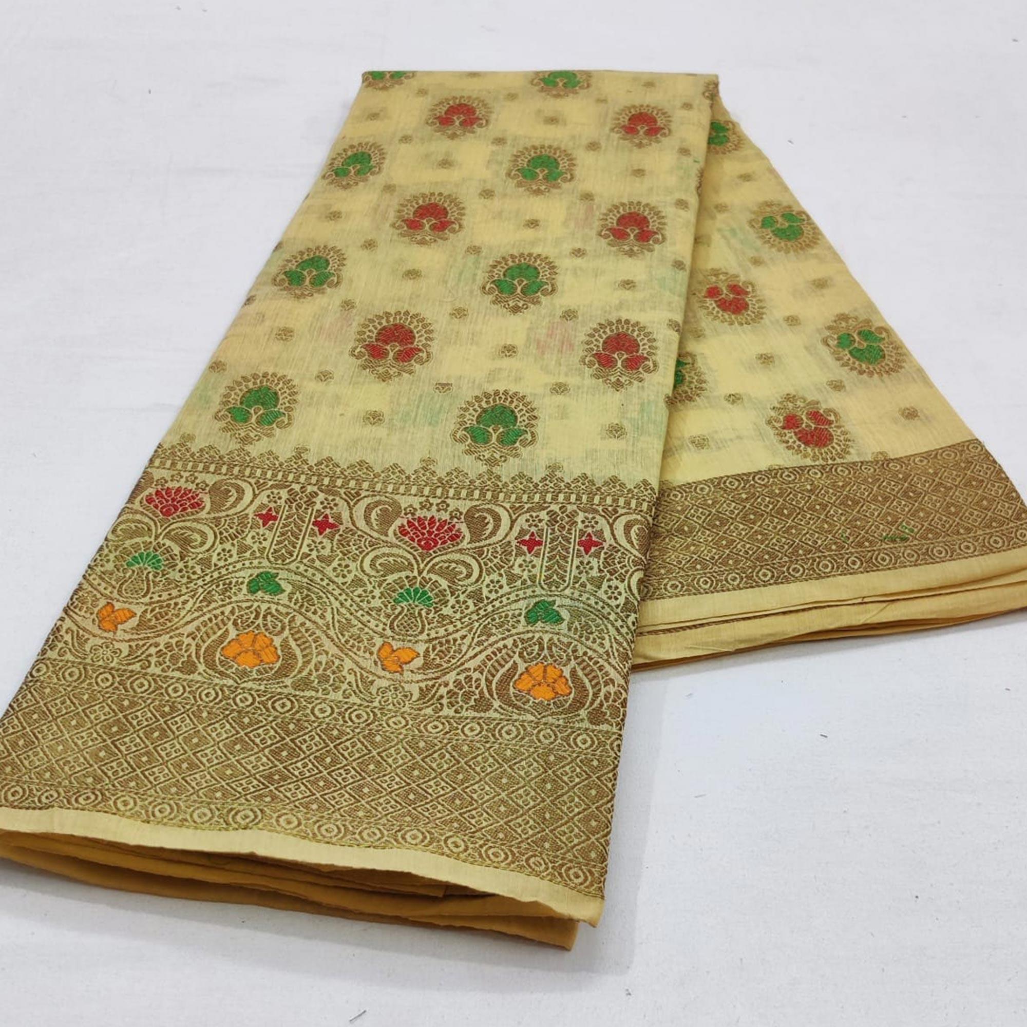 Cream Festive Wear Floral Woven Cotton Saree With Meena Butta Pallu - Peachmode