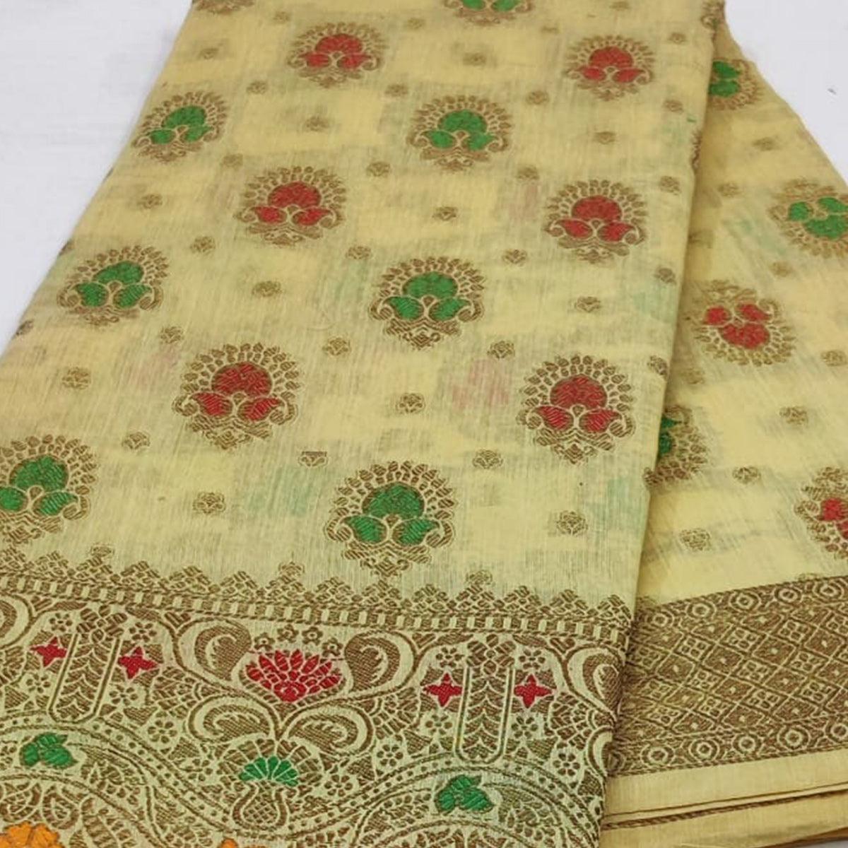 Cream Festive Wear Floral Woven Cotton Saree With Meena Butta Pallu - Peachmode
