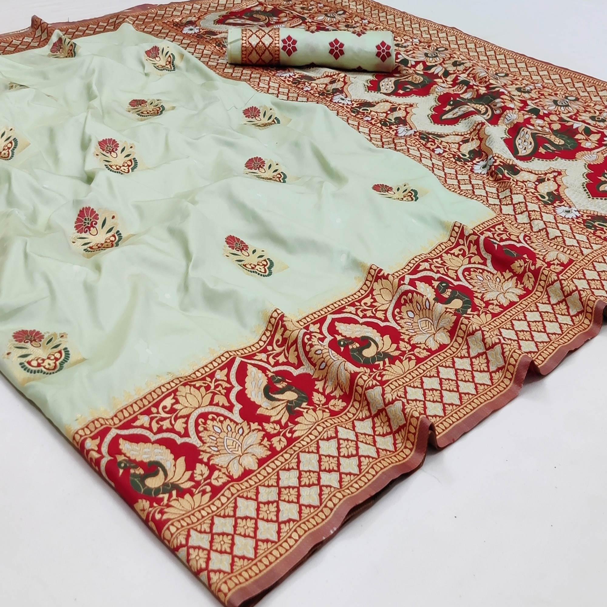 Cream Festive Wear Floral Woven Designer Soft Silk Banarasi Saree - Peachmode
