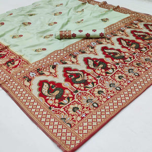 Cream Festive Wear Floral Woven Designer Soft Silk Banarasi Saree - Peachmode