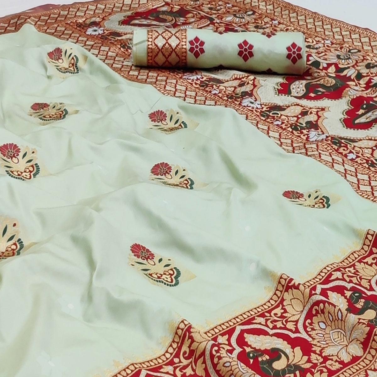 Cream Festive Wear Floral Woven Designer Soft Silk Banarasi Saree - Peachmode