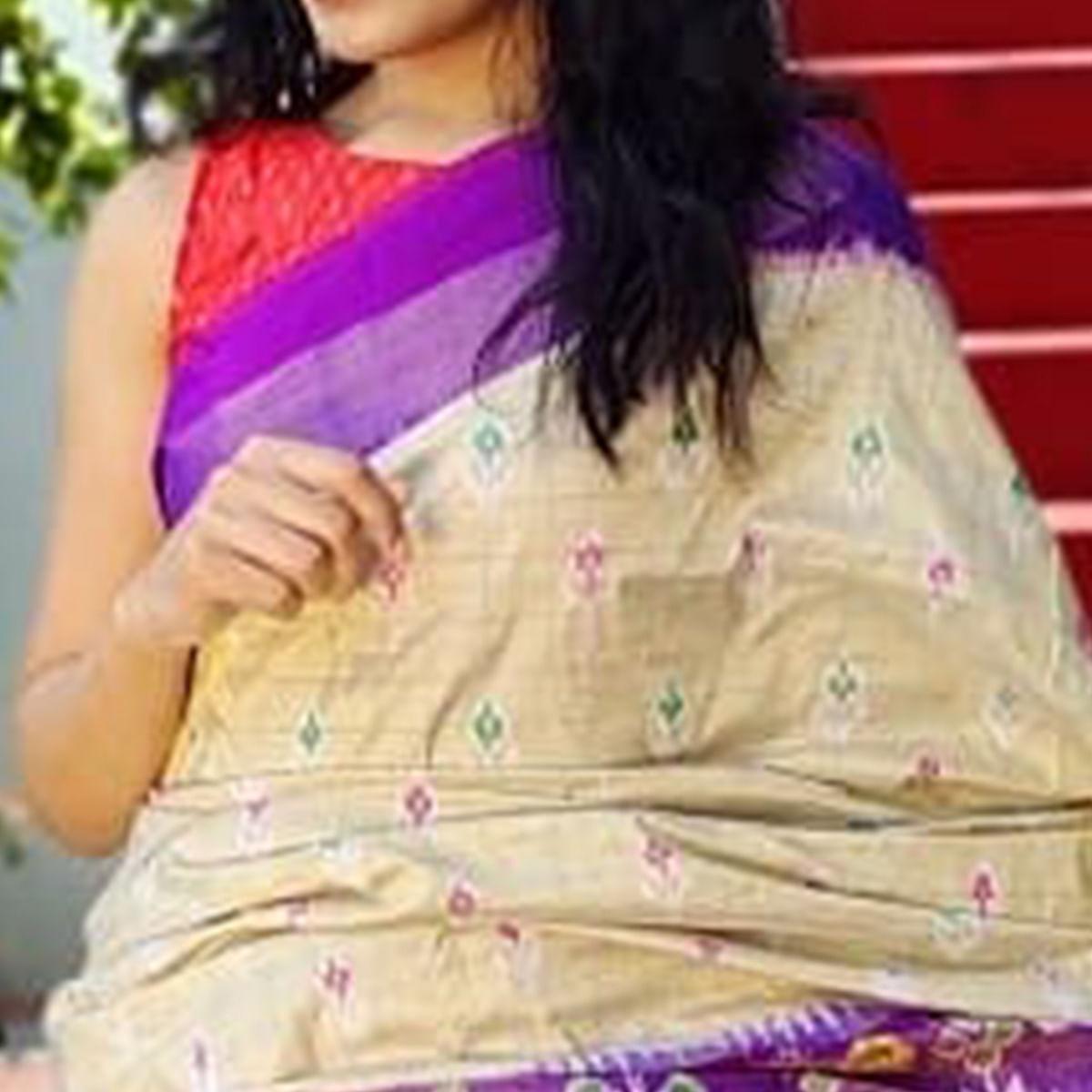 Cream Festive Wear Hand Block Printed Cotton Linen Saree - Peachmode