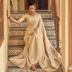 Cream Festive Wear Kanjivaram Blended Silk Saree With Tassels - Peachmode