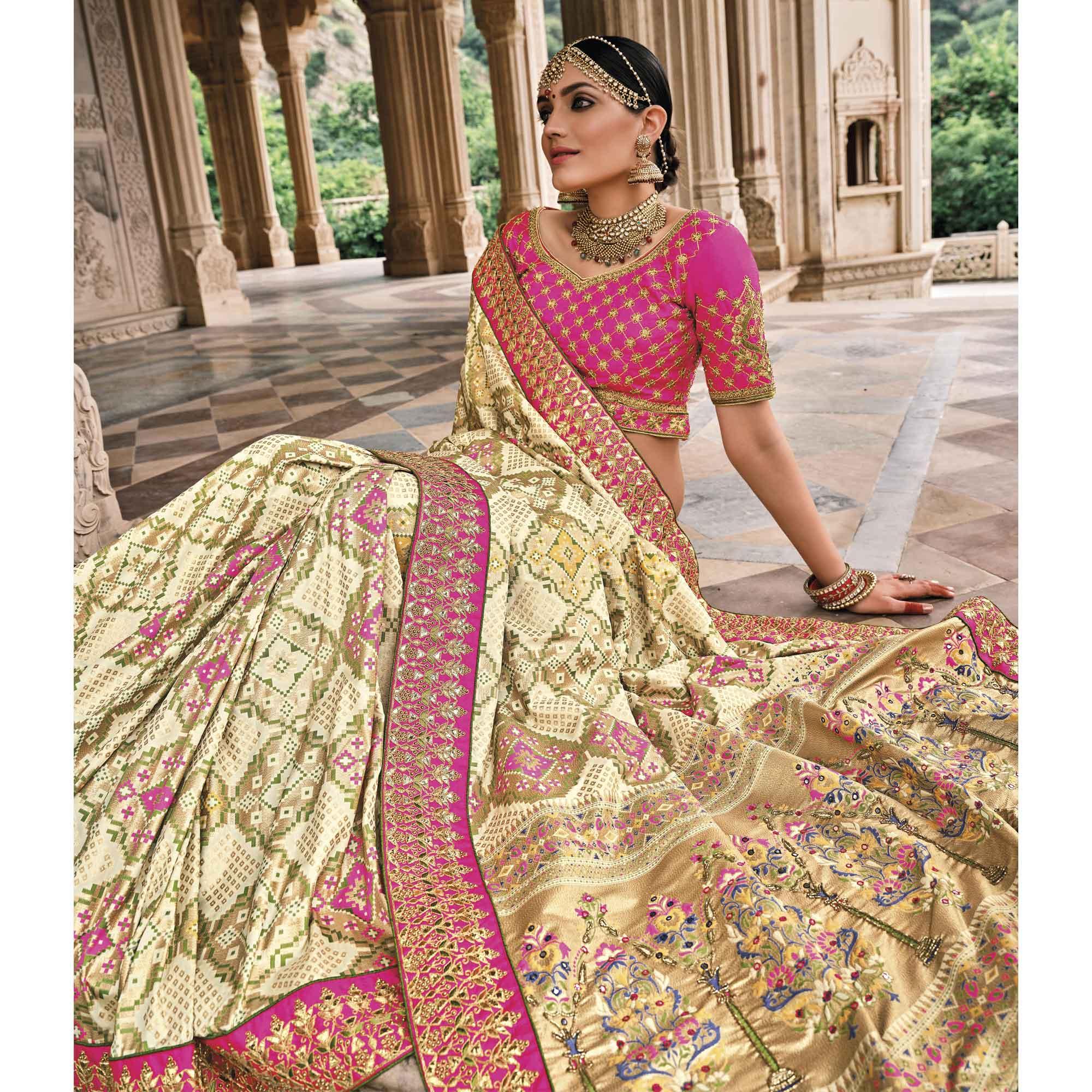 Cream Festive Wear Plain & Hand Work  Pure Silk Saree - Peachmode