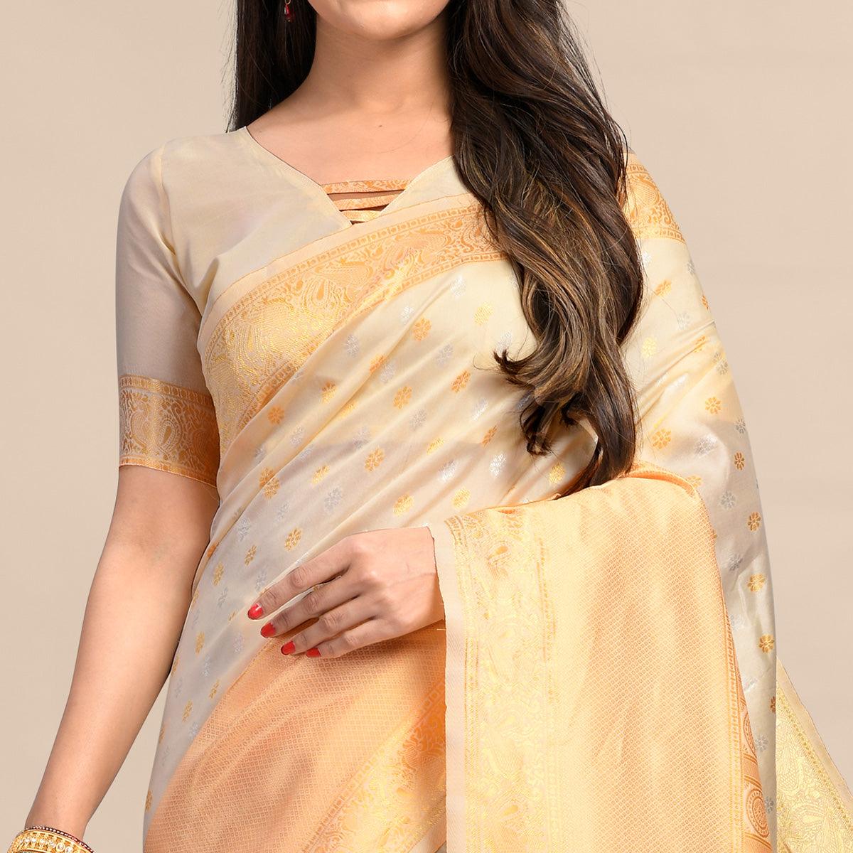 Cream Festive Wear Rich Woven Border Soft Banarasi Silk Saree - Peachmode