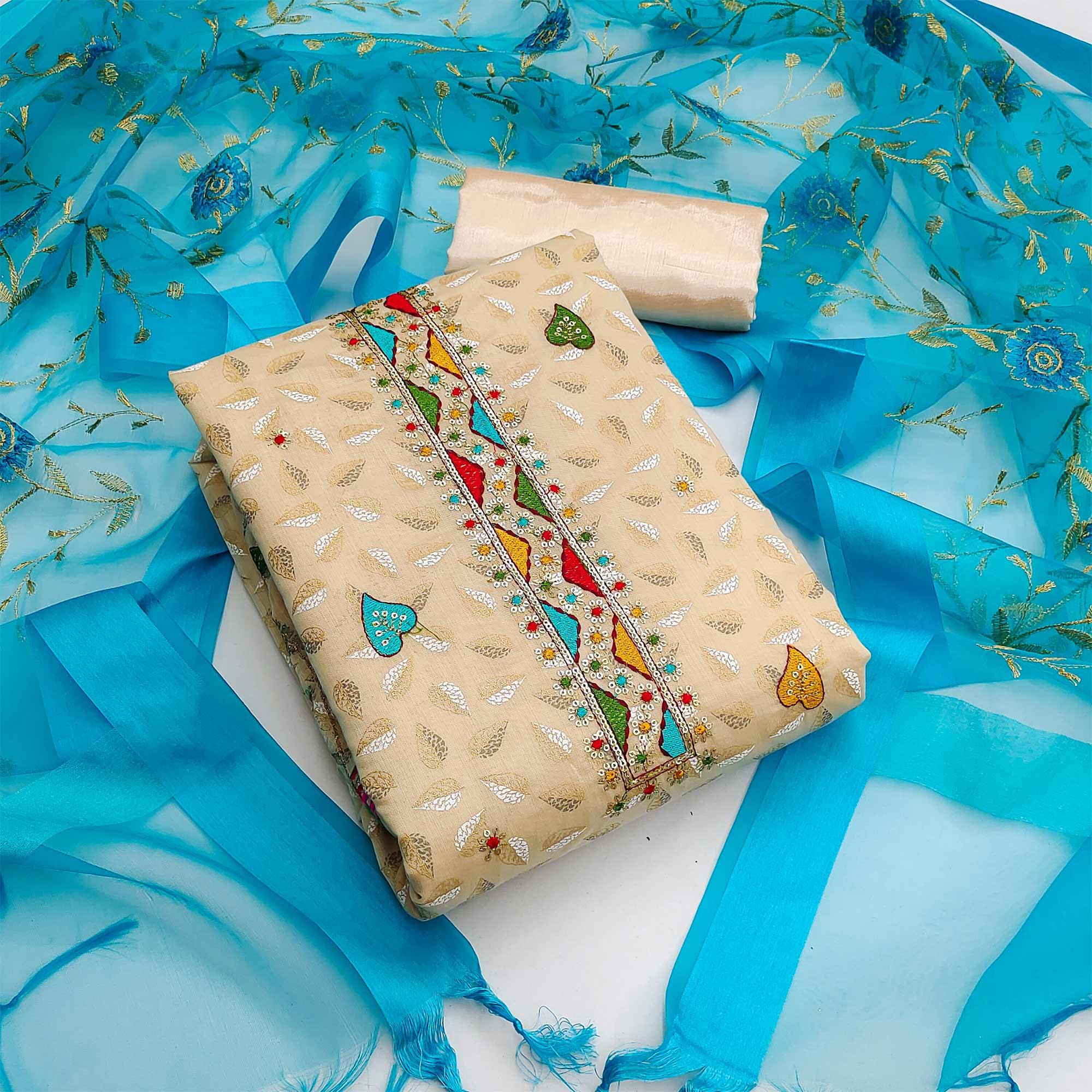 Cream Festive Wear Sequence Embroidered Chanderi Dress Material - Peachmode