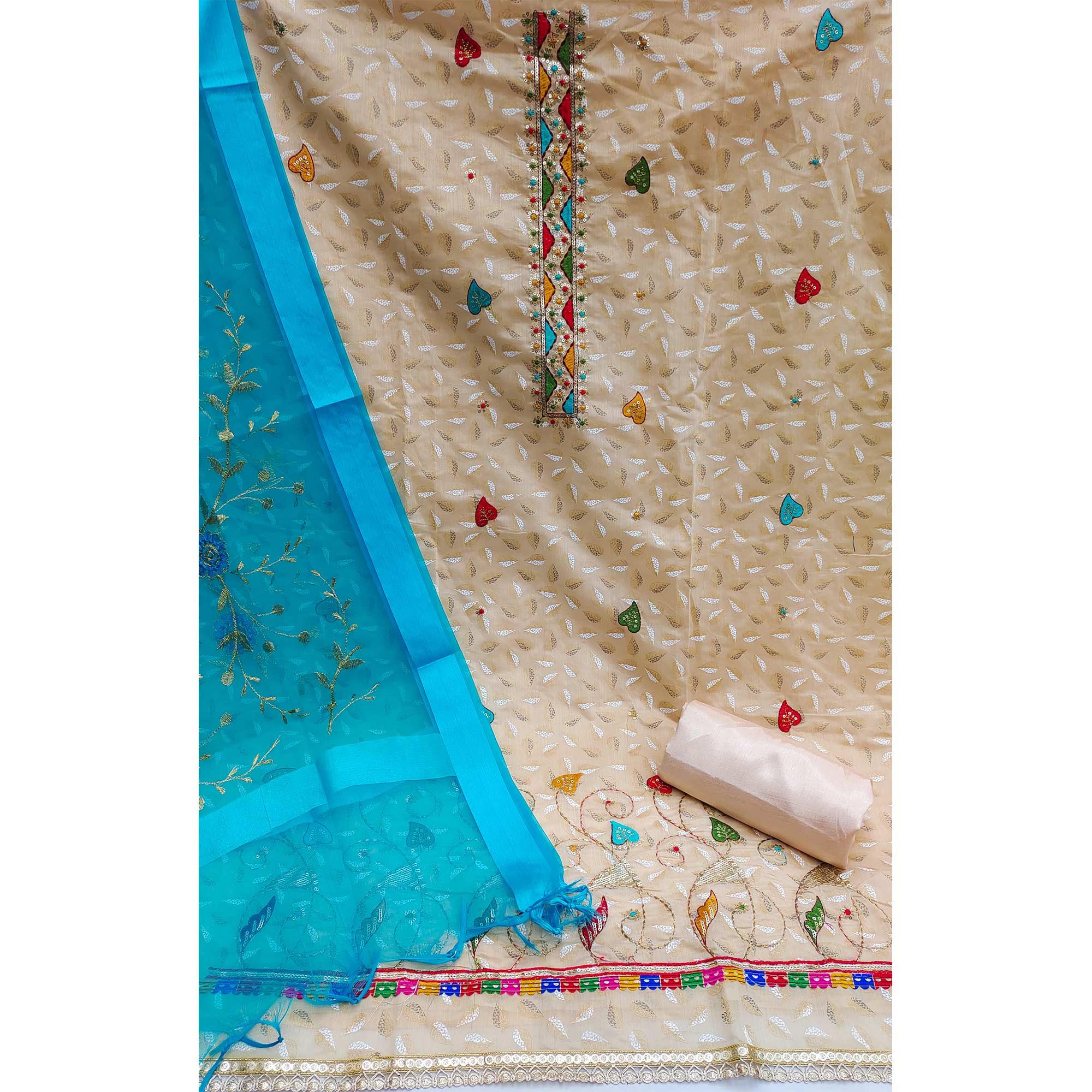 Cream Festive Wear Sequence Embroidered Chanderi Dress Material - Peachmode