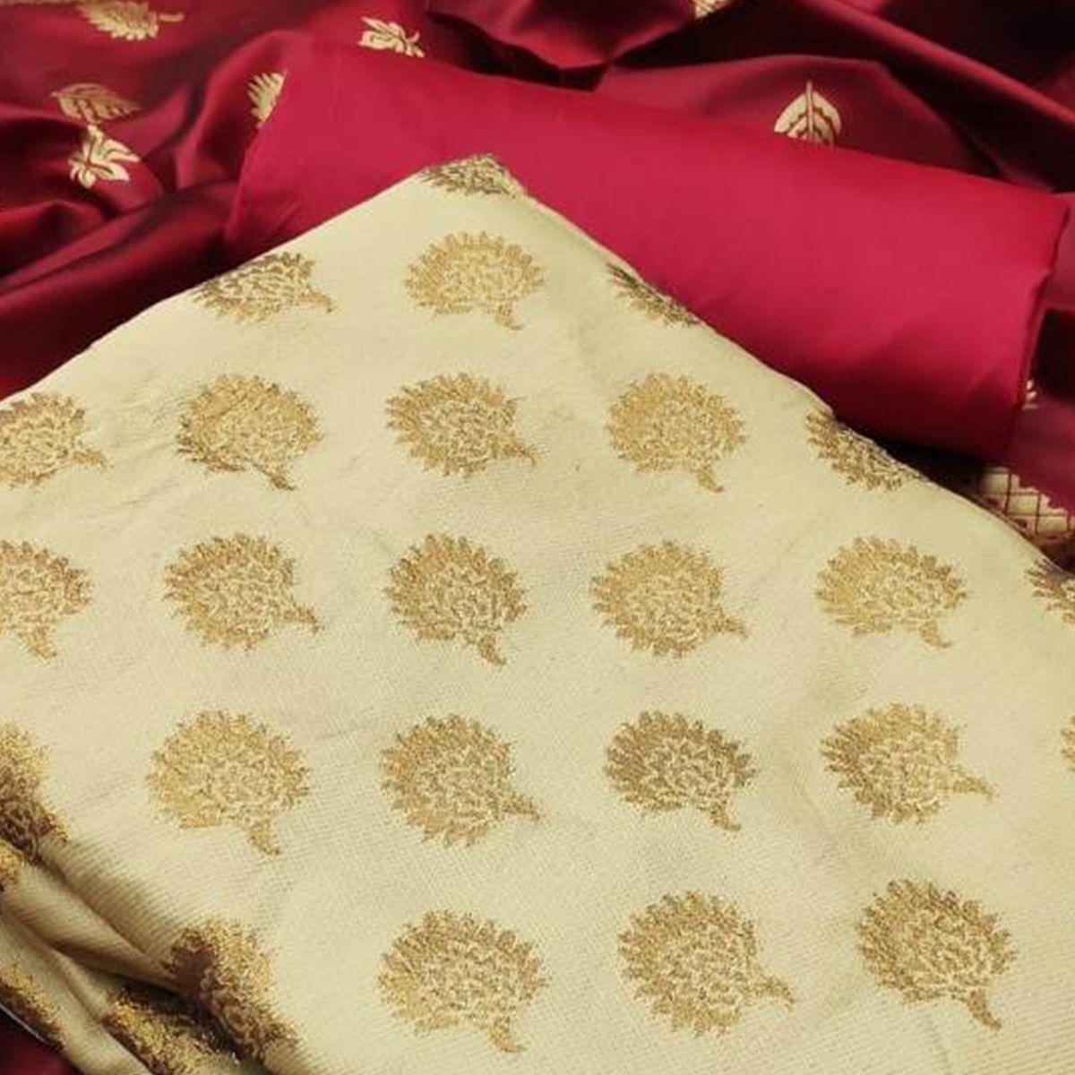 Cream Festive Wear Woven Banarasi Silk Dress Material - Peachmode