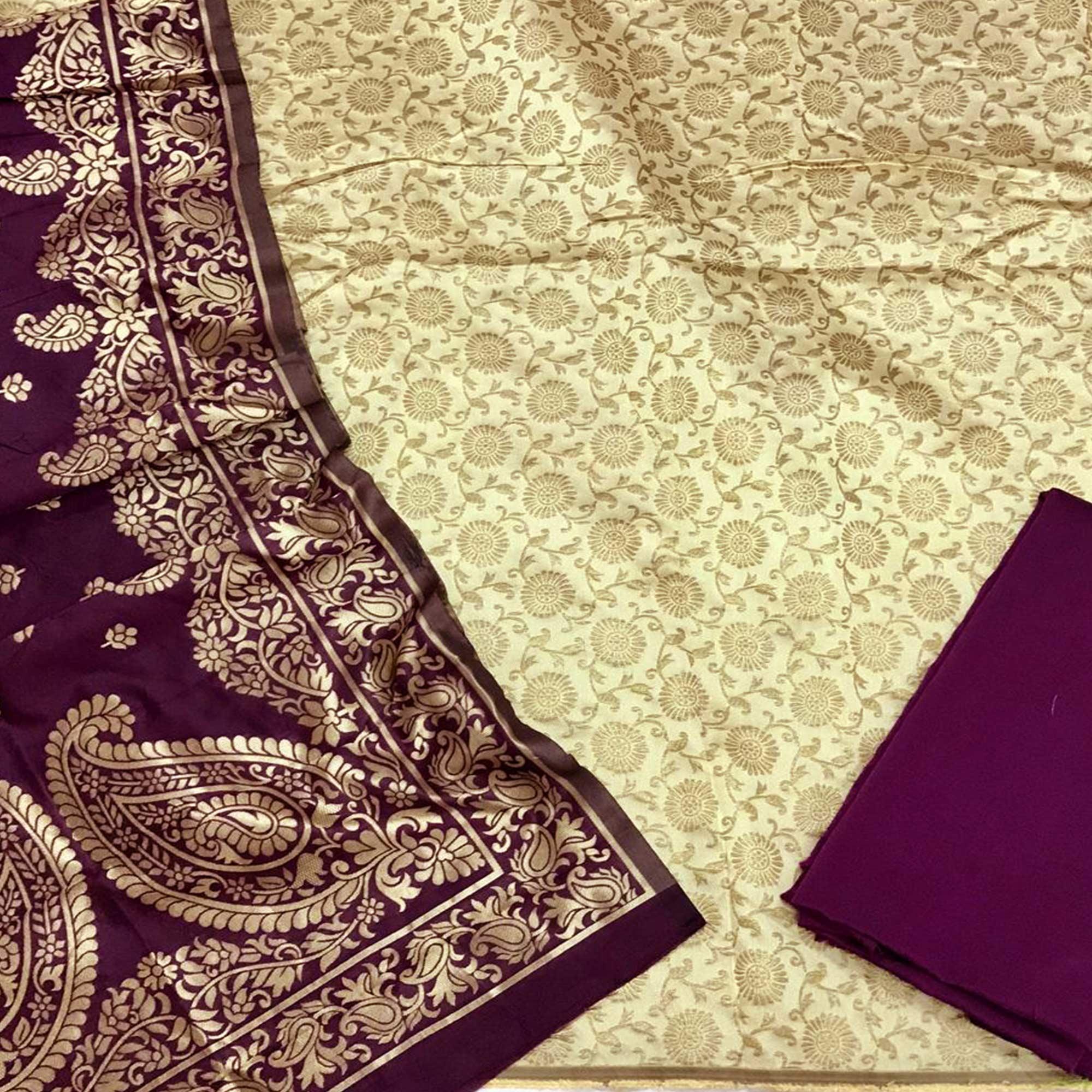 Cream Festive Wear Woven Banarasi Silk Dress Material - Peachmode