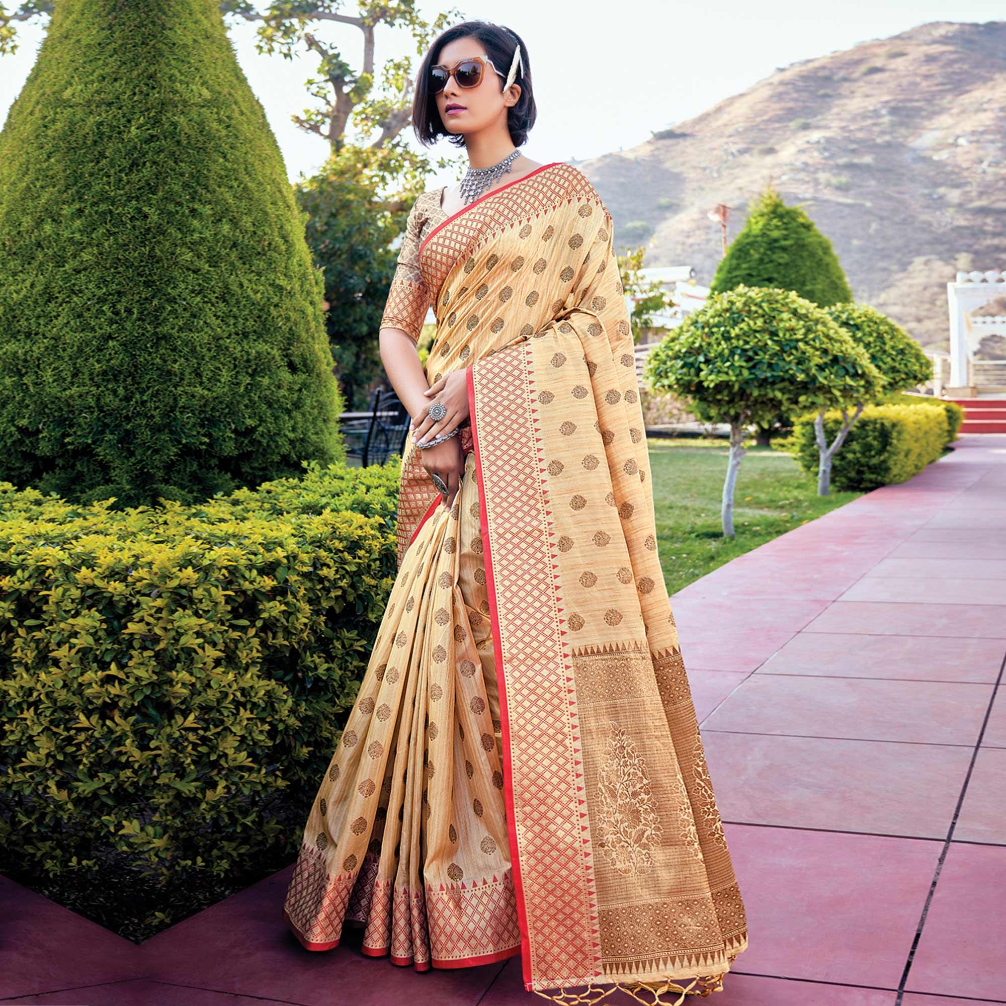 Cream Festive Wear Woven Banarasi Silk Saree - Peachmode