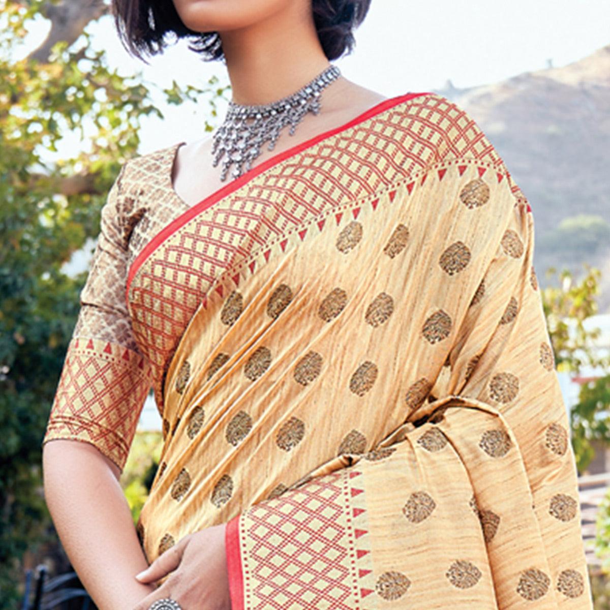 Cream Festive Wear Woven Banarasi Silk Saree - Peachmode