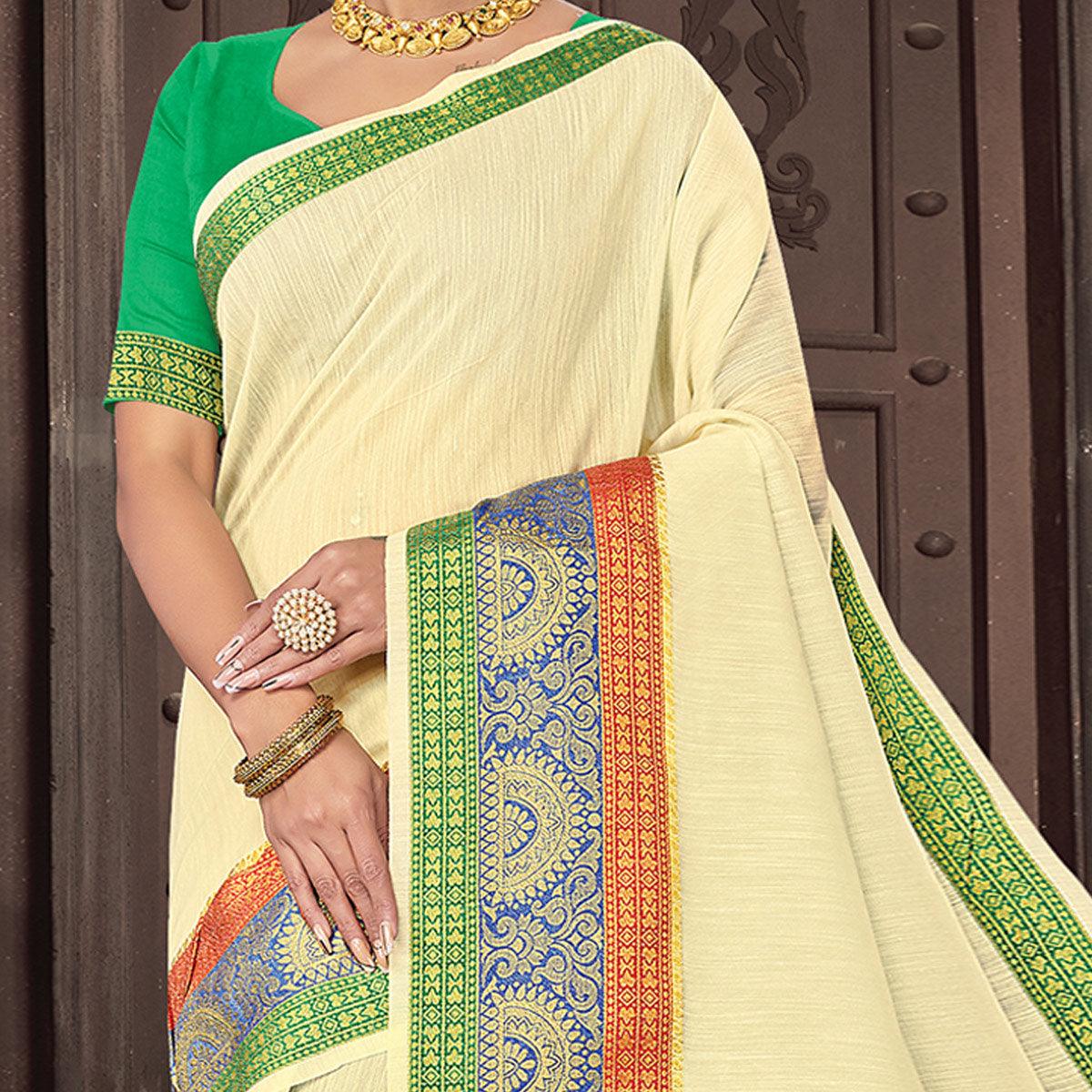 Cream Festive Wear Woven Cotton Handloom Saree - Peachmode