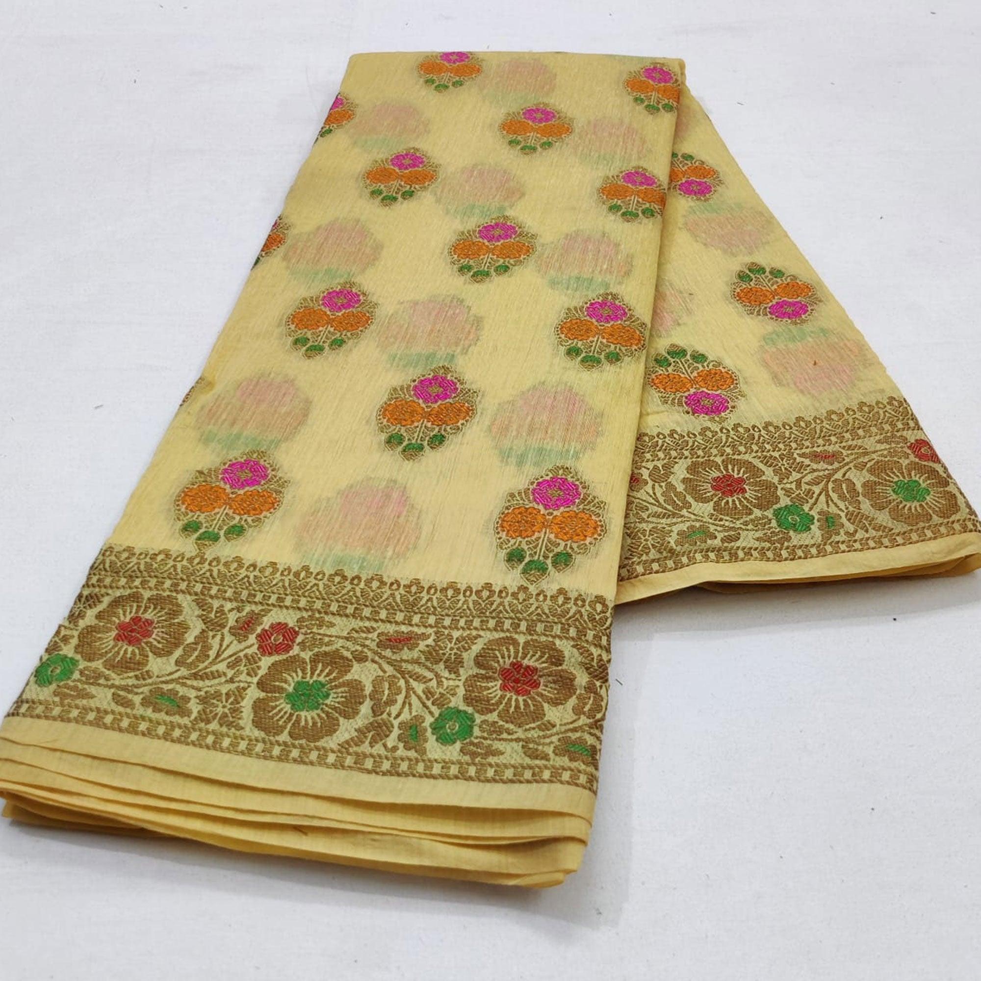 Cream Festive Wear Woven Cotton Saree With Meena Butta Pallu - Peachmode