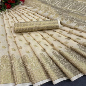 Cream Festive Wear Woven Cotton Saree With Zari Border - Peachmode