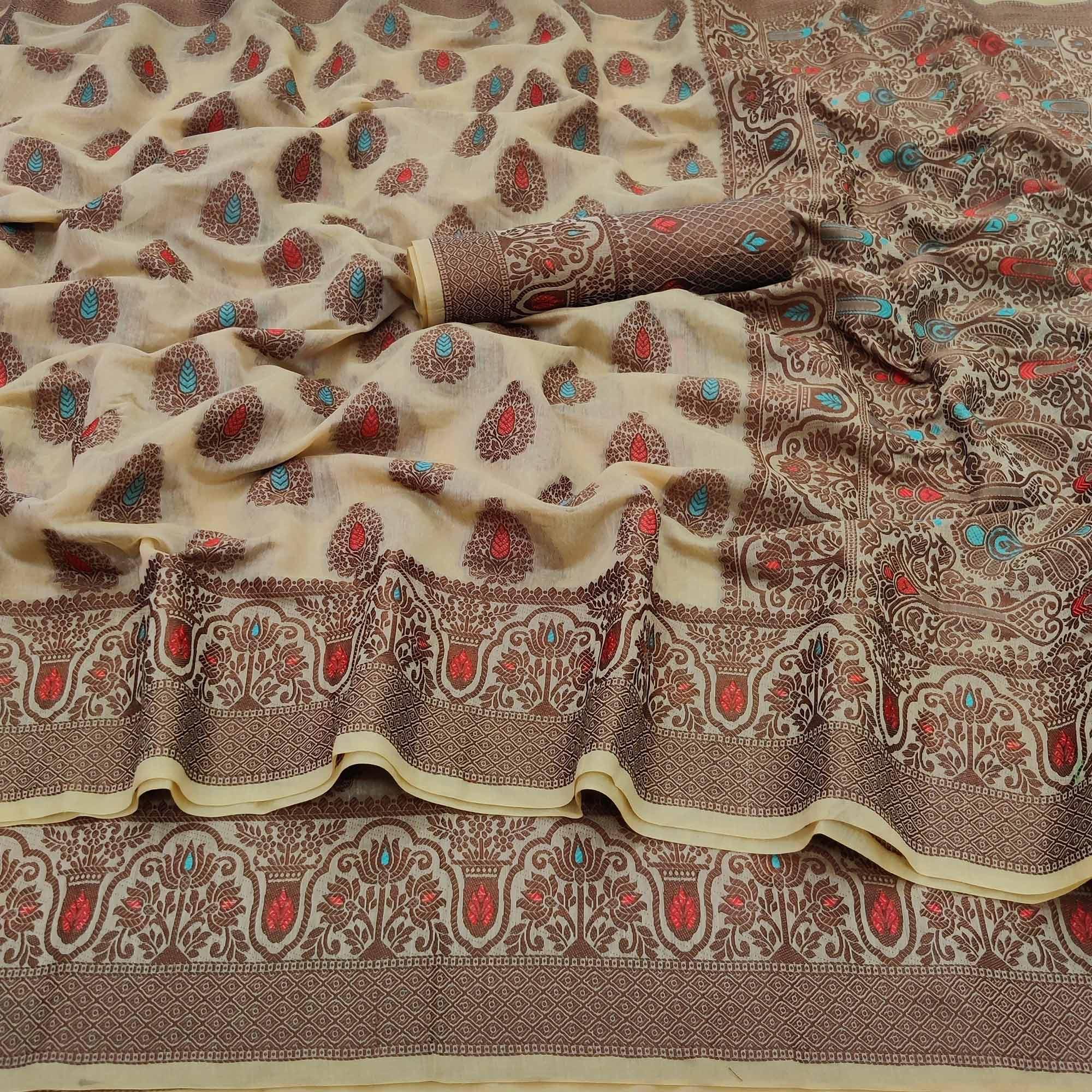 Cream Festive Wear Woven Cotton Silk Saree - Peachmode