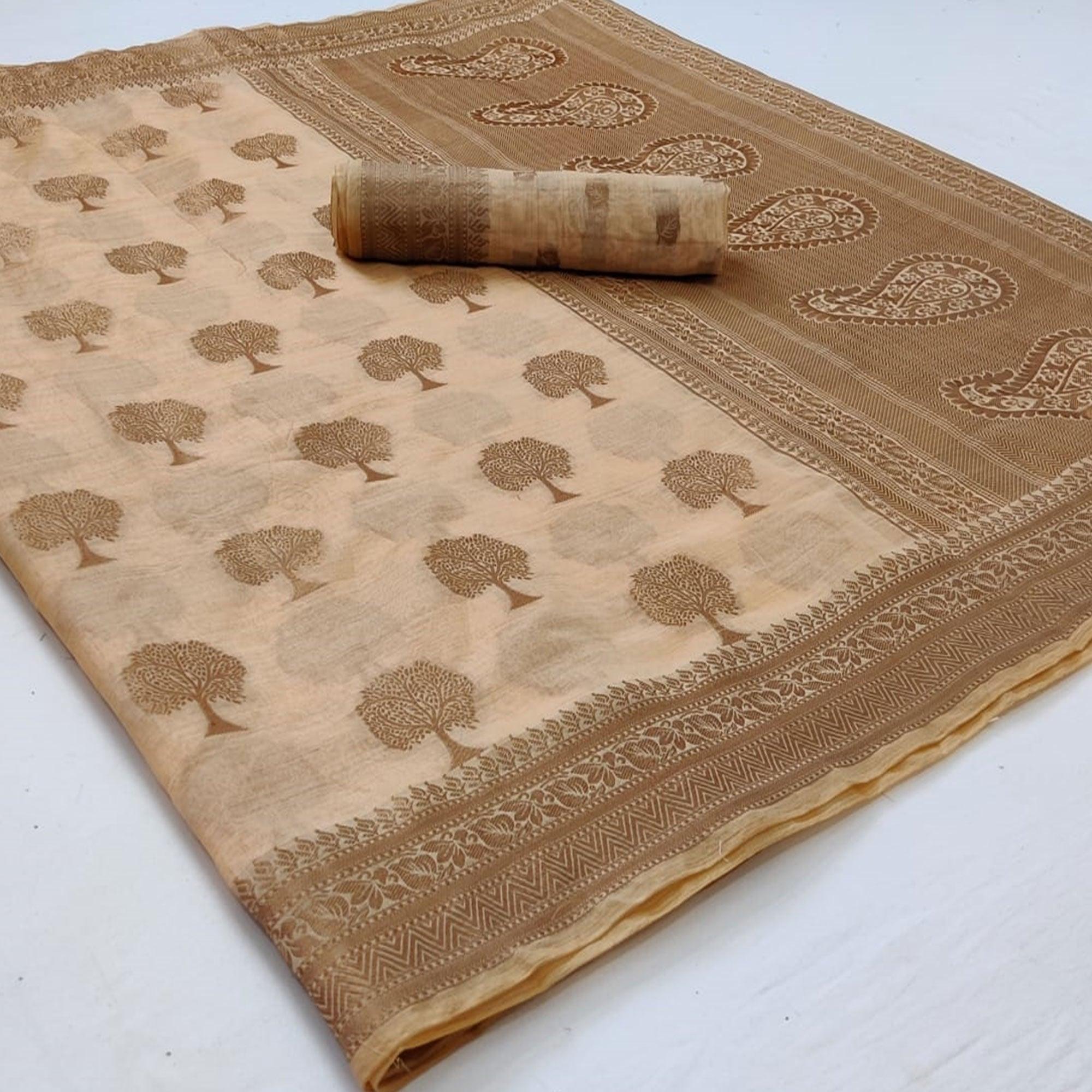 Cream Festive Wear Woven Designer Jacquard Border Soft Organza Saree - Peachmode