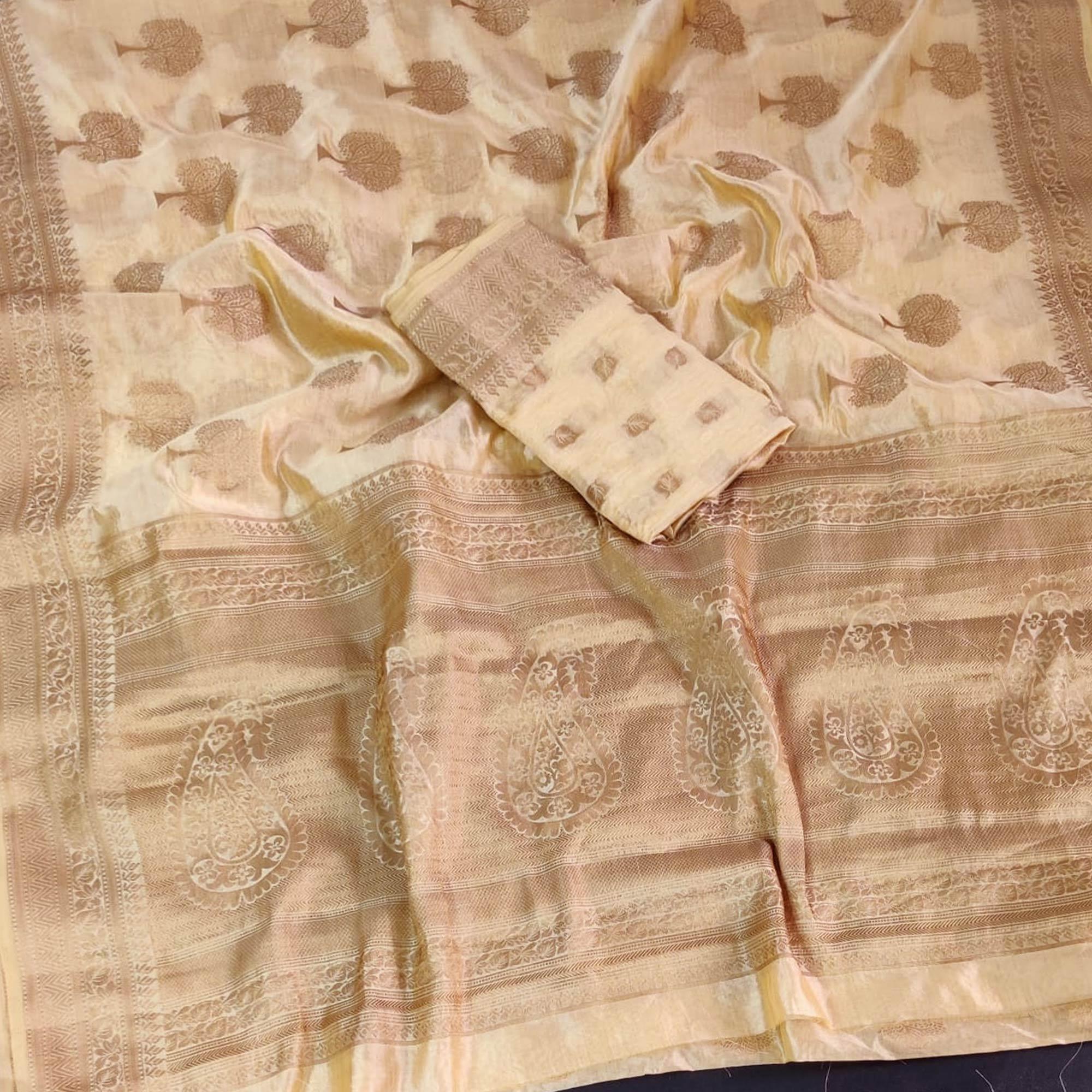 Cream Festive Wear Woven Designer Jacquard Border Soft Organza Saree - Peachmode