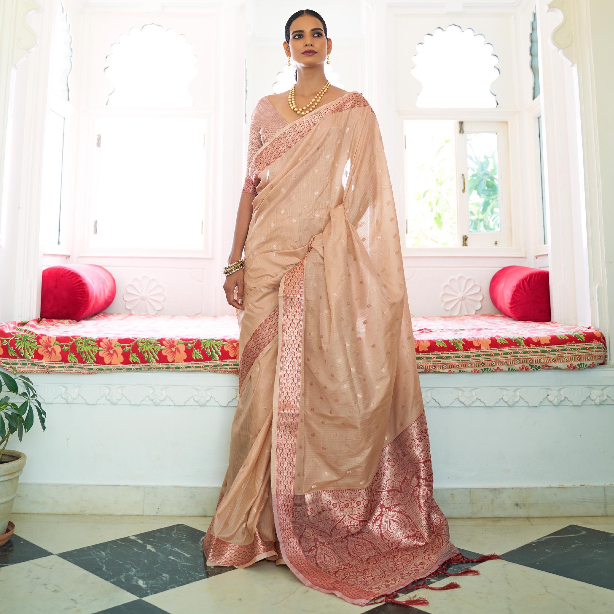 Cream Festive Wear Woven Handloom Silk Saree - Peachmode