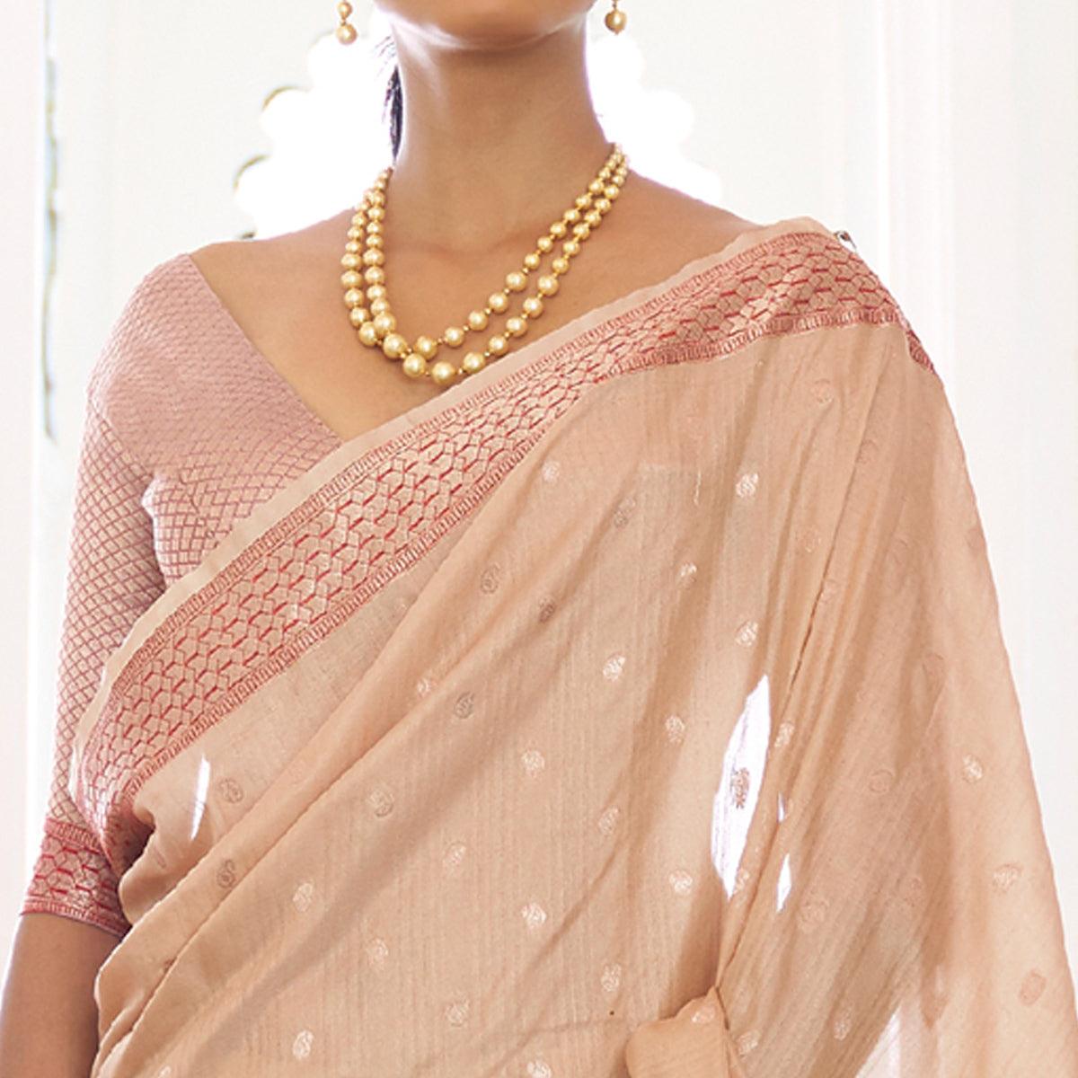 Cream Festive Wear Woven Handloom Silk Saree - Peachmode