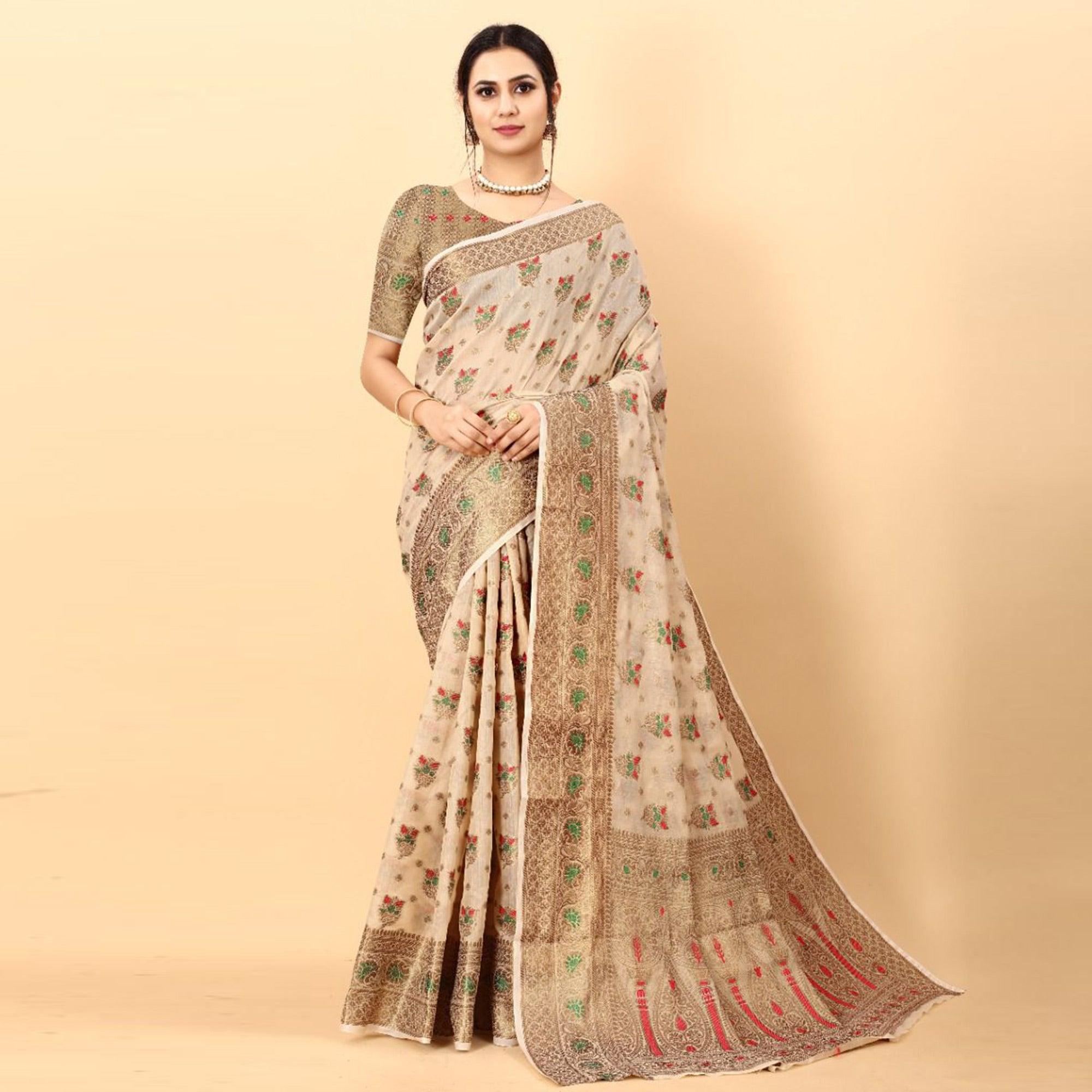 Cream Festive Wear Woven Heavy Cotton Saree - Peachmode