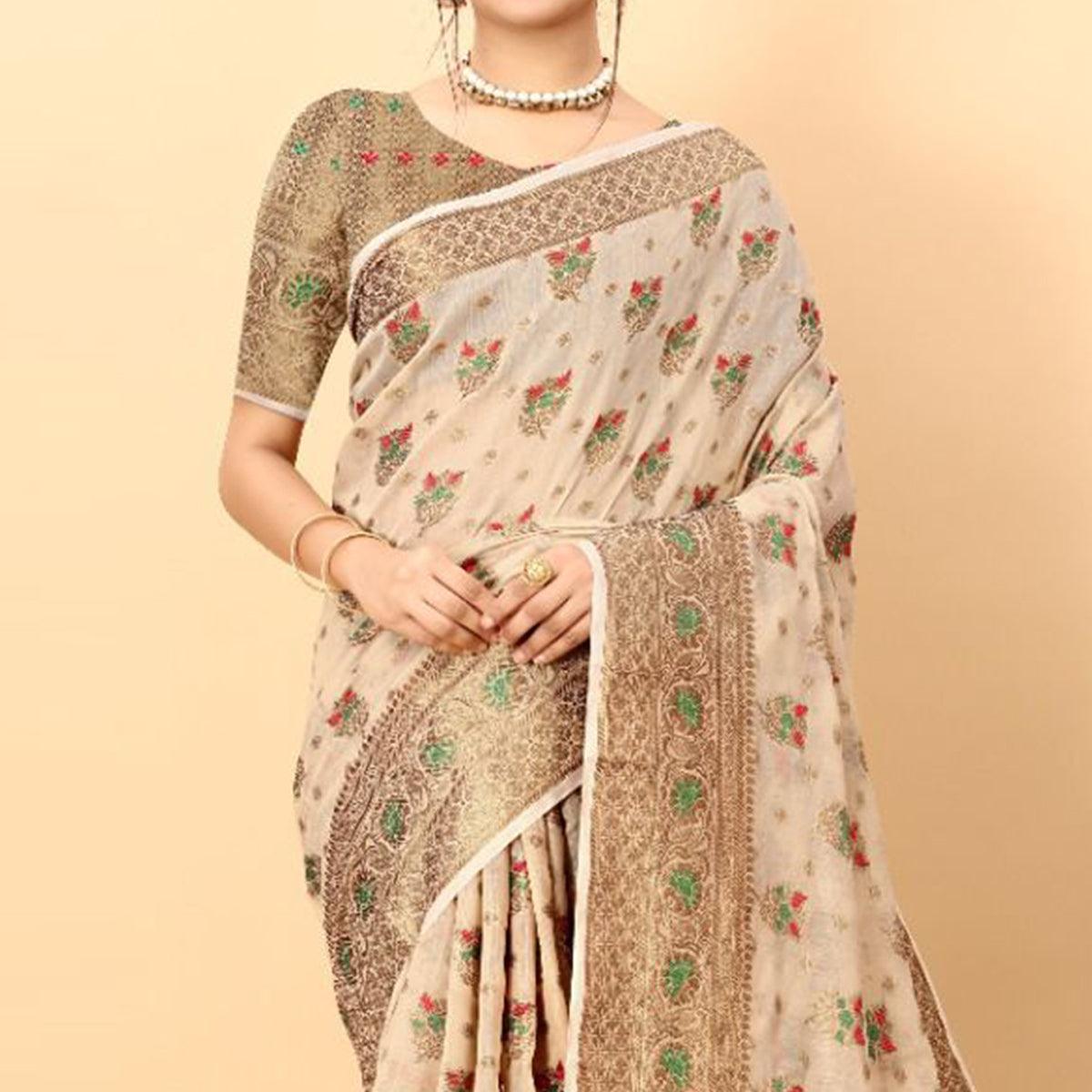 Cream Festive Wear Woven Heavy Cotton Saree - Peachmode